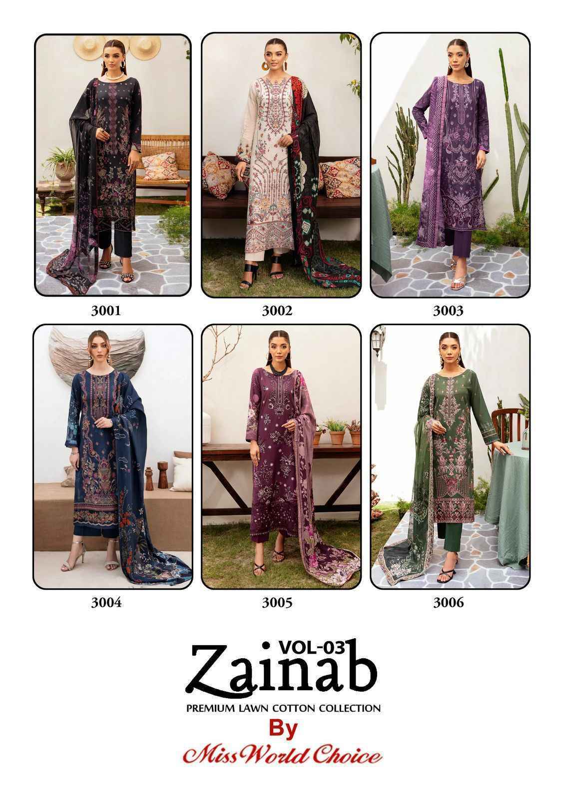 Miss World Choice Zainab Vol-3 Lawn Cotton Dress Material (6 pcs Catalogue)