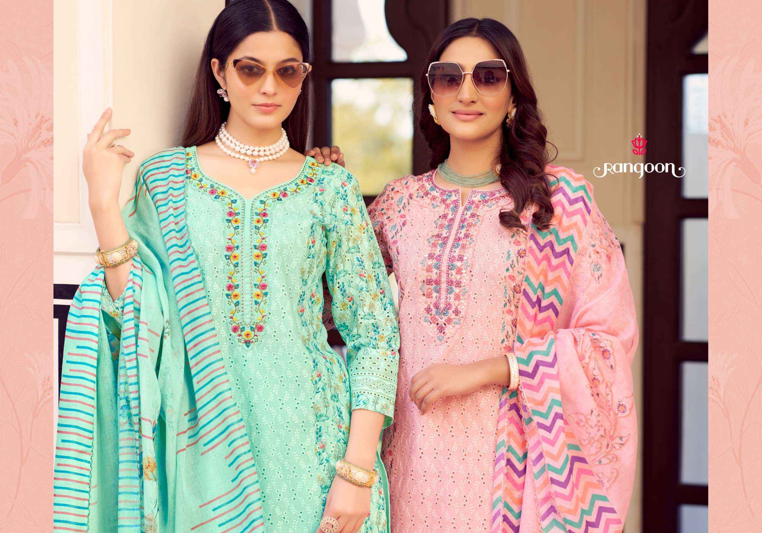 Rangoon Anika Designer Schiffli Work Kurti Pant Dupatta Set Suit Wholesale Price ( 4 Pcs Catalog )