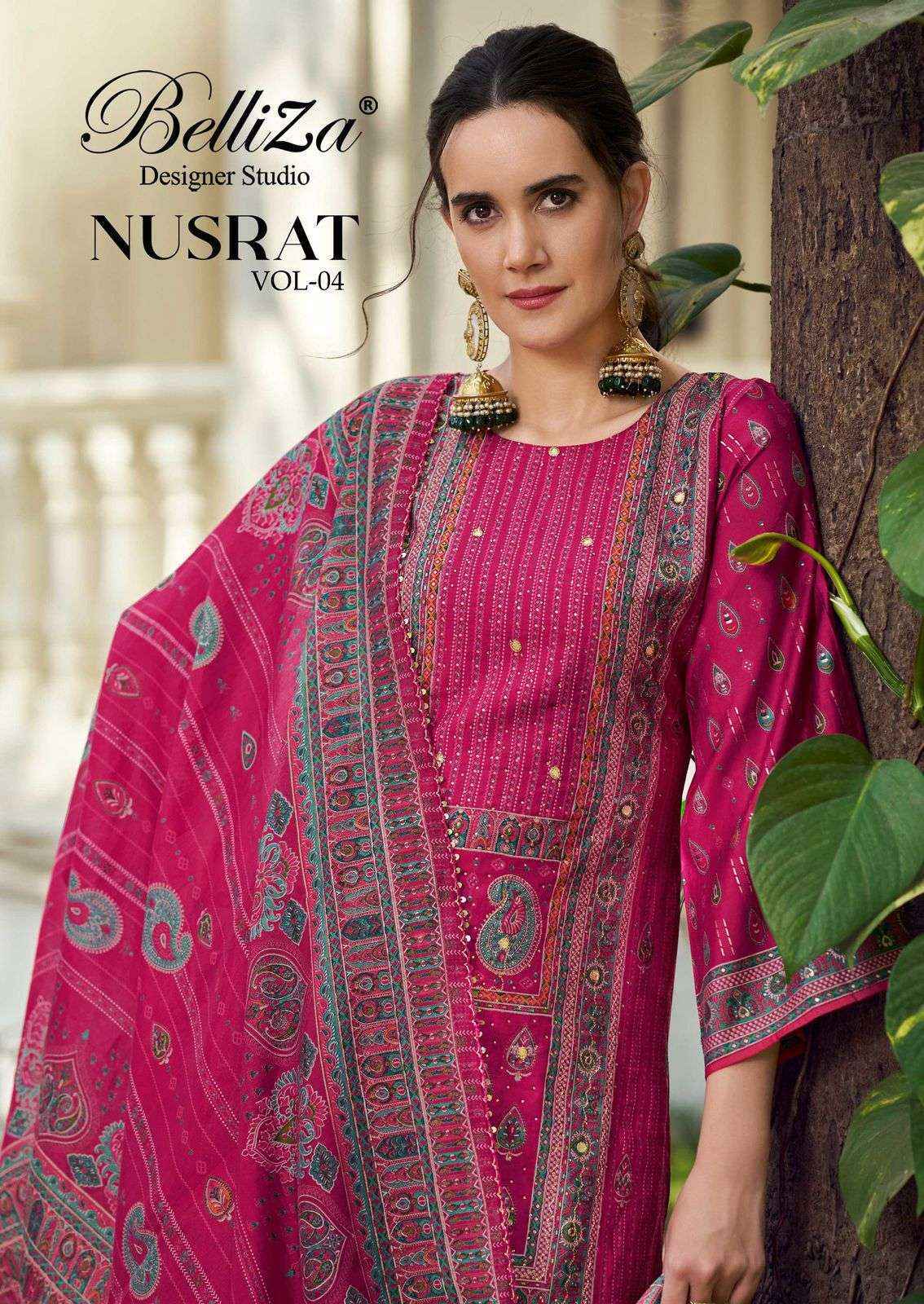 Belliza Nusrat Vol 4 Viscose Musline Suits Wholesale Price ( 6 pcs Catalogue )