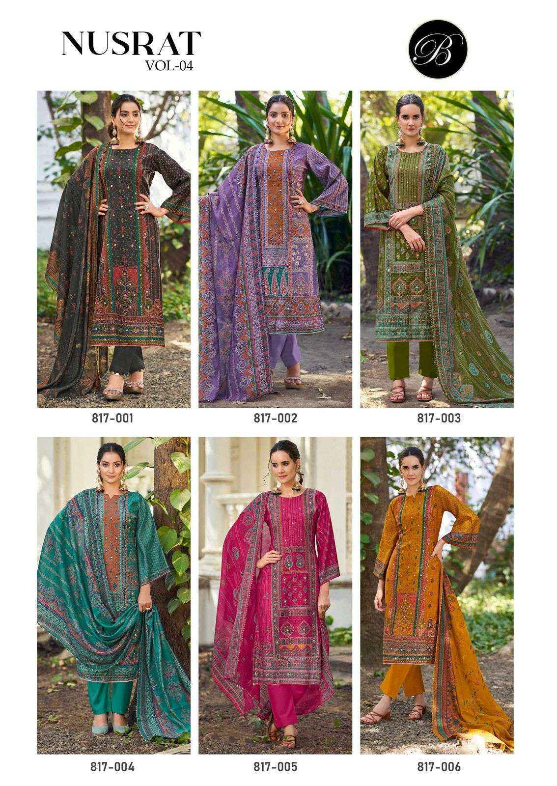 Belliza Nusrat Vol 4 Viscose Musline Suits Wholesale Price ( 6 pcs Catalogue )