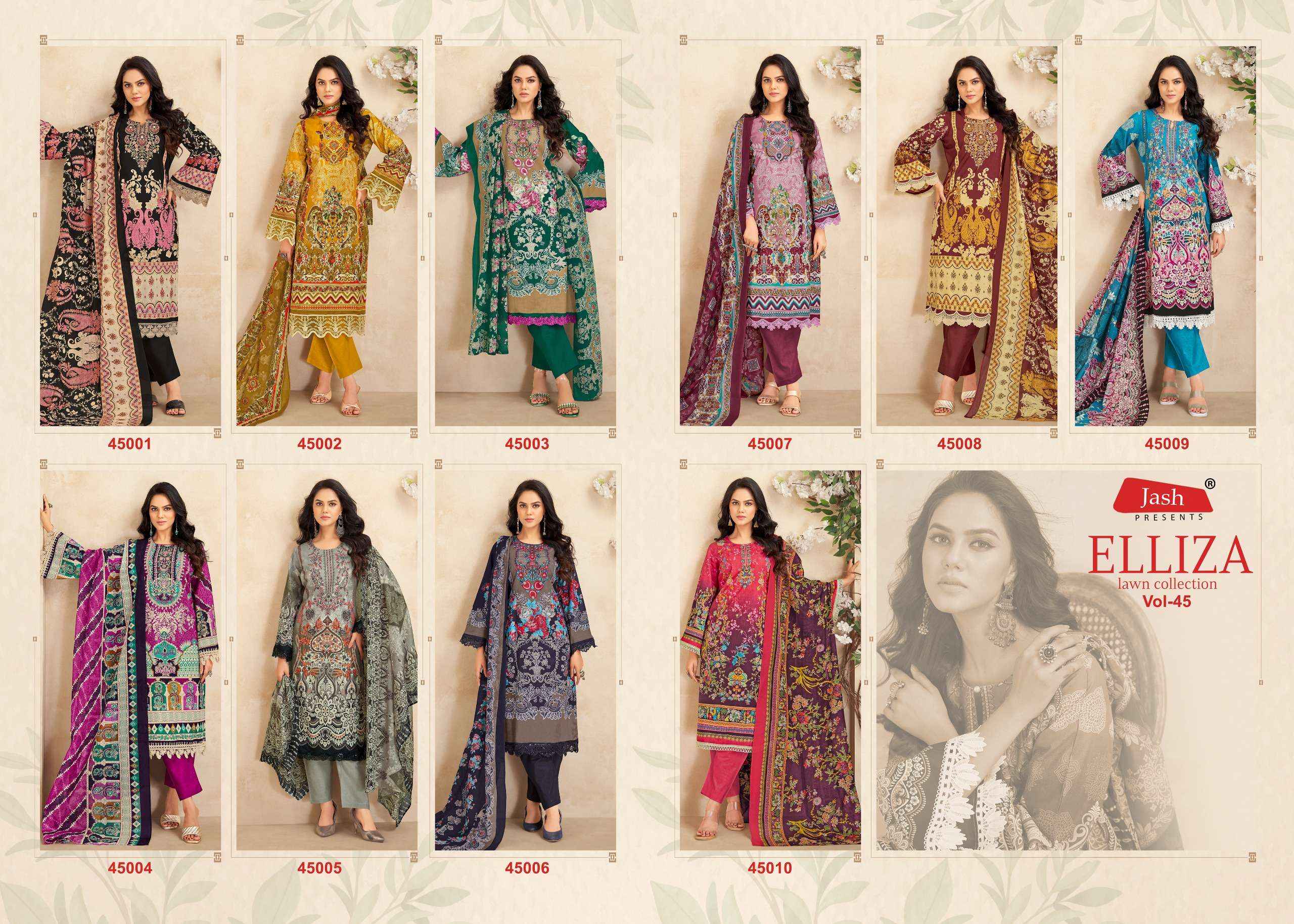 JASH ELLIZA VOL 45 COTTON DIGITAL KARACHI STYLE PRINT DRESS MATERIAL WHOLESALE RATE ( 10 PCS CATALOG )