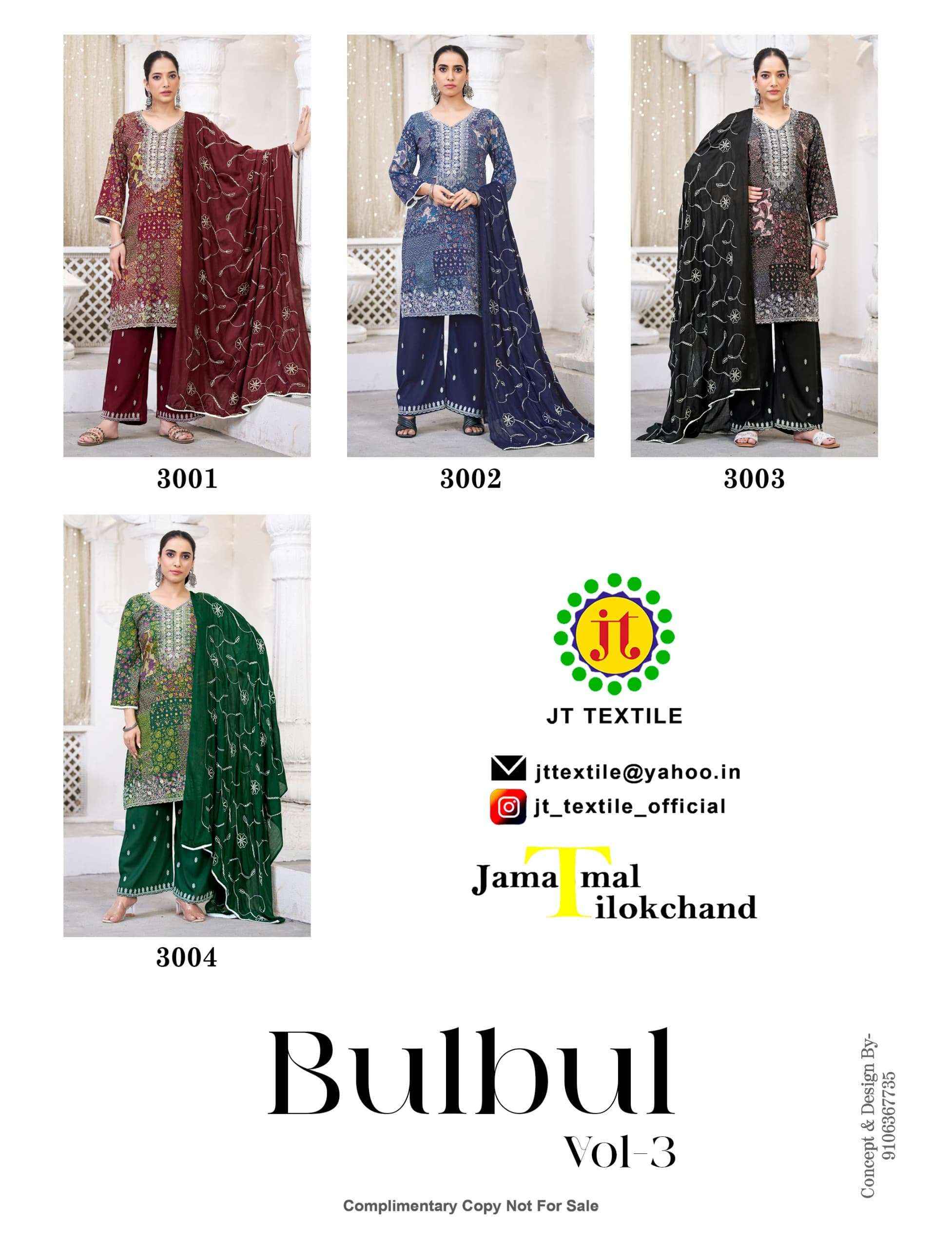 Jt Bulbul 3 Rayon Embroidered Work Dress Material ( 4 Pcs Catalogue )