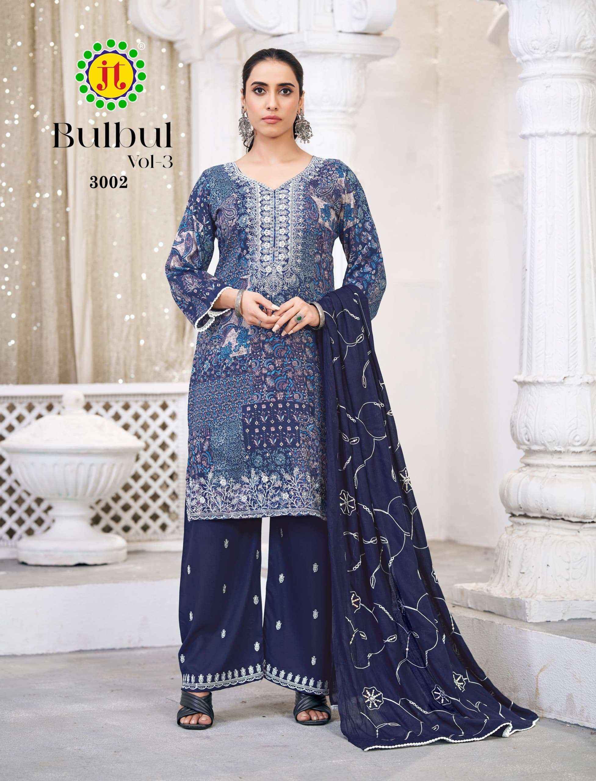 Jt Bulbul 3 Rayon Embroidered Work Dress Material ( 4 Pcs Catalogue )