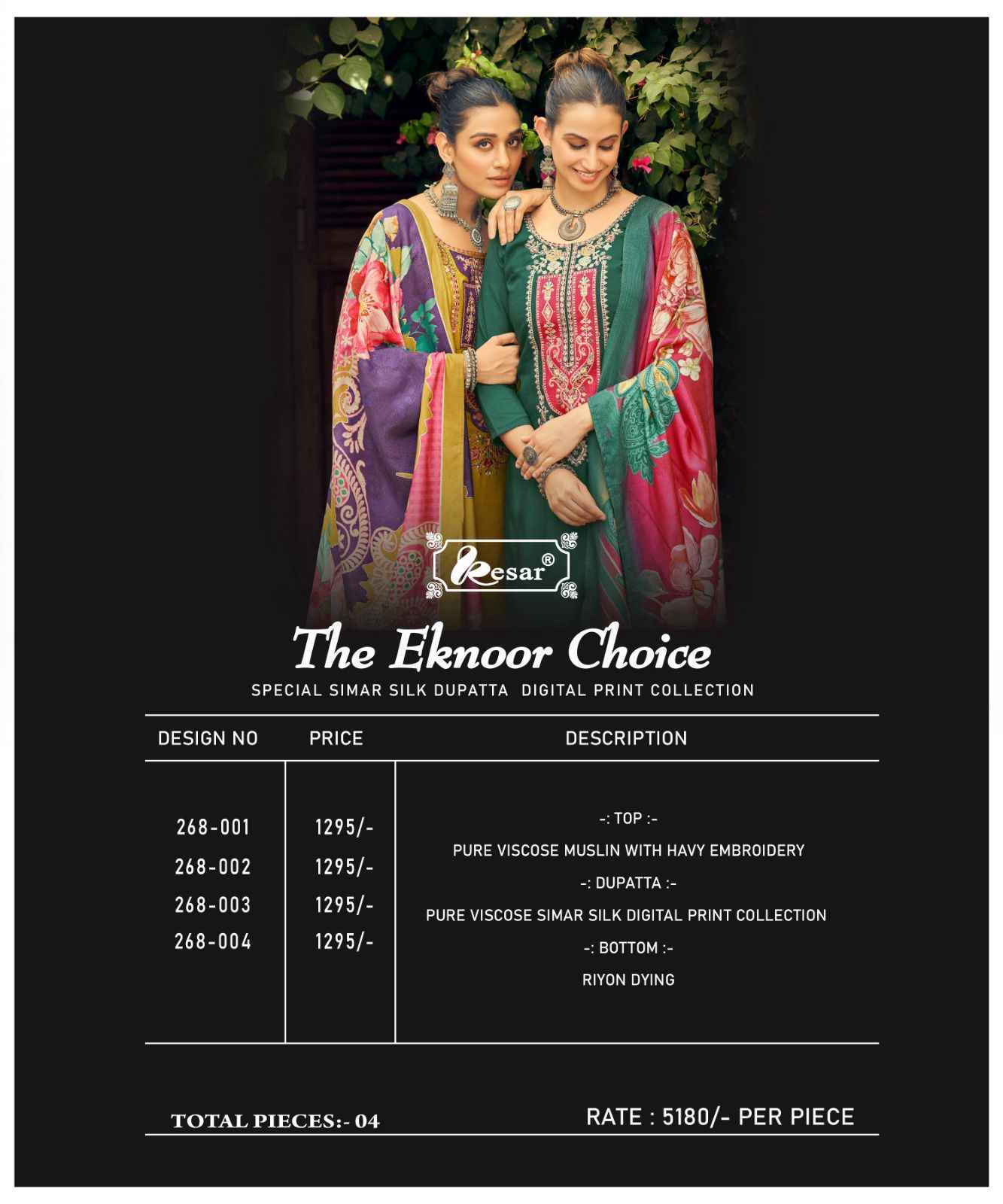 Kesar The Eknoor Choice Viscouse Musline Dress Material Wholesale Rate ( 4 Pcs Catalog )