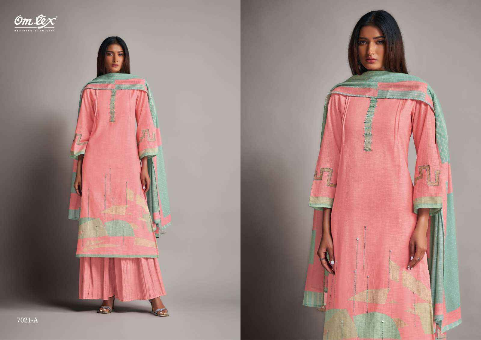 OMTEX CHEEKY LINEN COTTON DIGITAL PRINT WITH DESIGNER WORK SUIT WHOLESALE PRICE ( 4 PCS CATALOG )