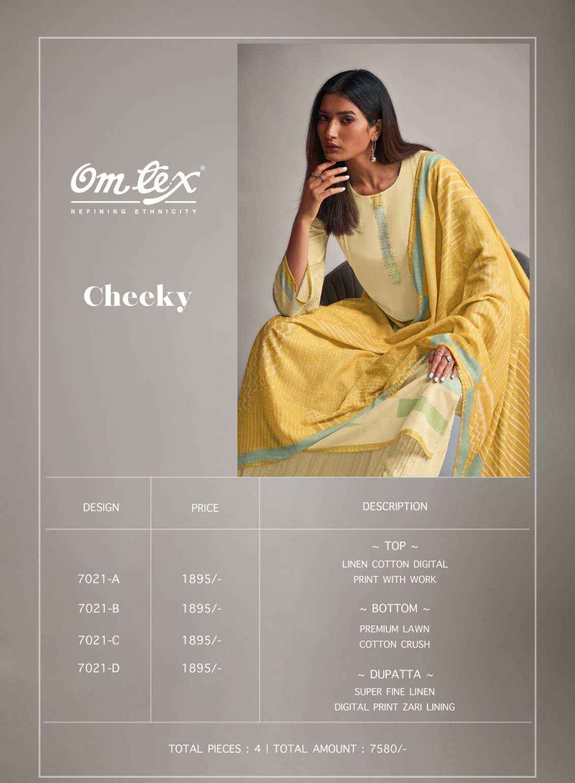 OMTEX CHEEKY LINEN COTTON DIGITAL PRINT WITH DESIGNER WORK SUIT WHOLESALE PRICE ( 4 PCS CATALOG )