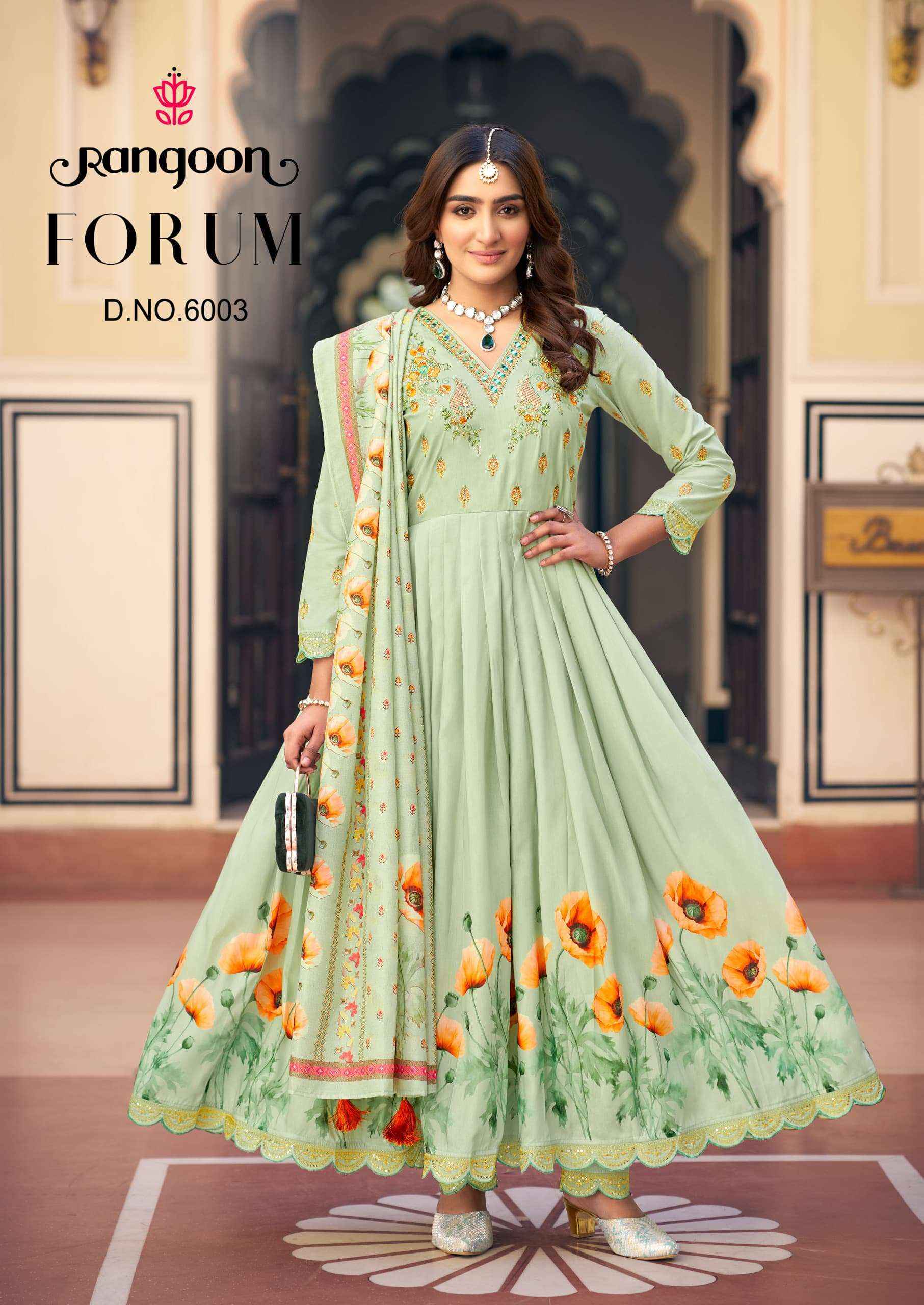 RANGOON FORUM MUSLIN DESIGNER FANCY ANARKALI STYLE SUIT WHOLESALE RATE ( 4 PCS CATALOG )