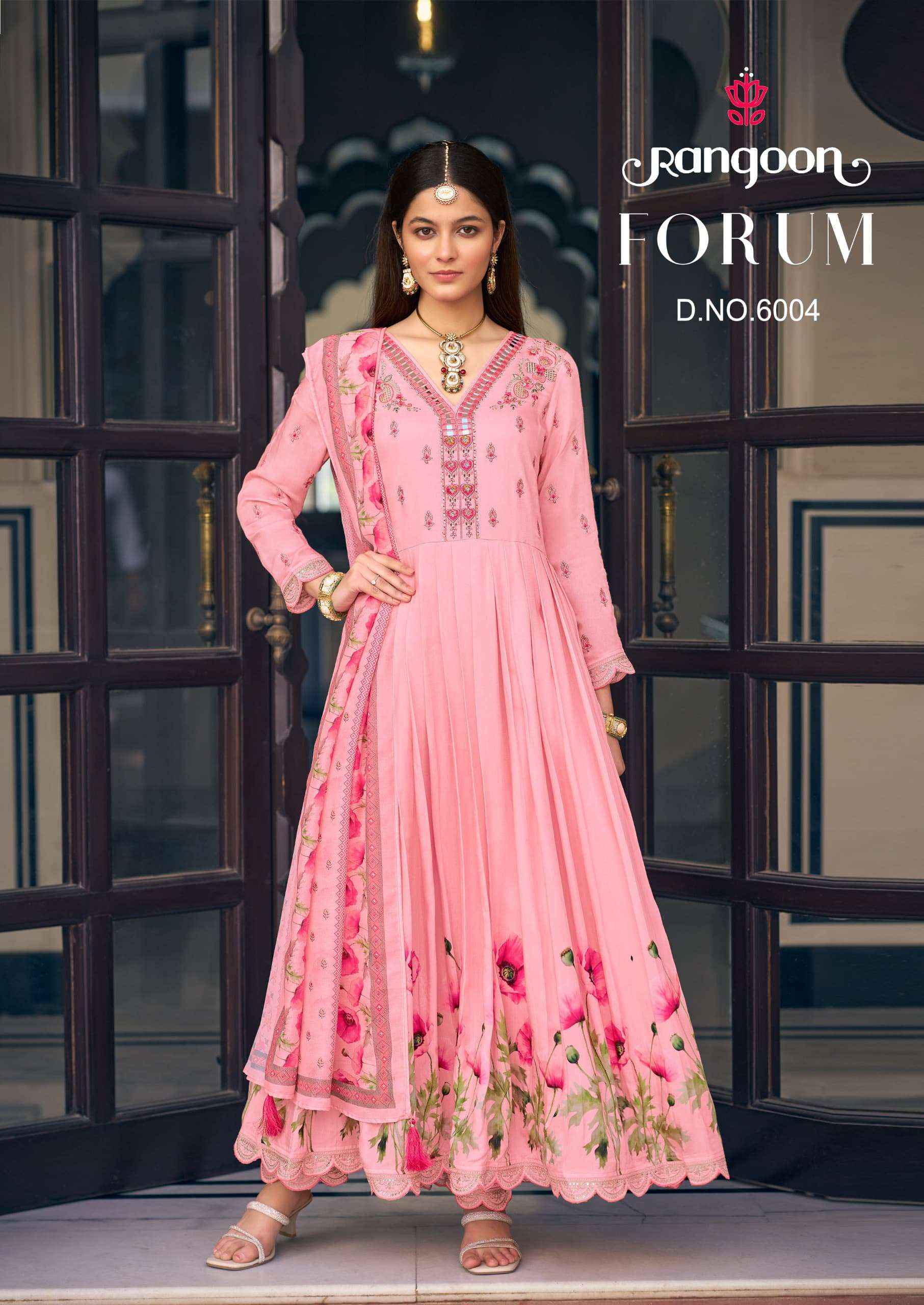 RANGOON FORUM MUSLIN DESIGNER FANCY ANARKALI STYLE SUIT WHOLESALE RATE ( 4 PCS CATALOG )