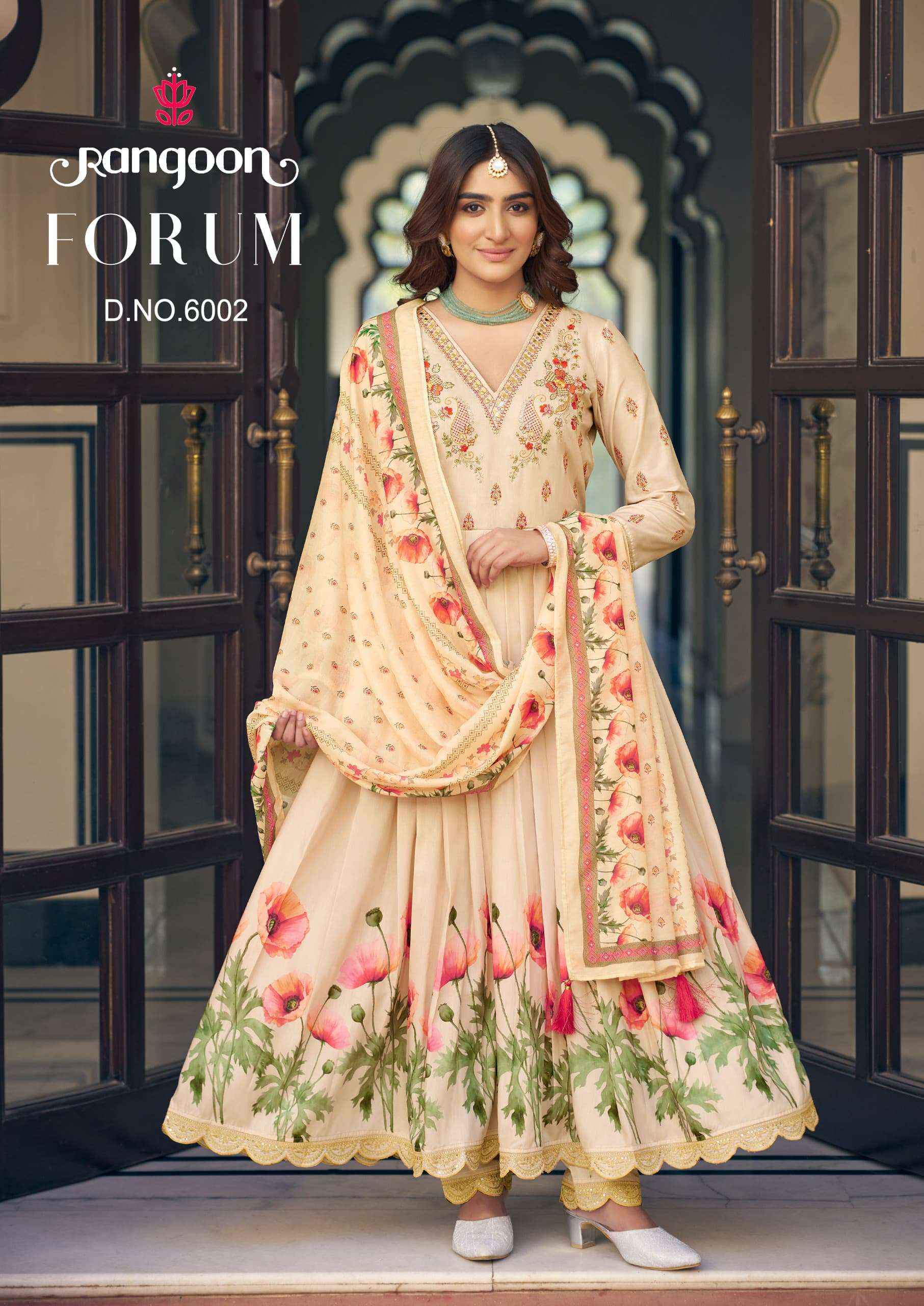 RANGOON FORUM MUSLIN DESIGNER FANCY ANARKALI STYLE SUIT WHOLESALE RATE ( 4 PCS CATALOG )
