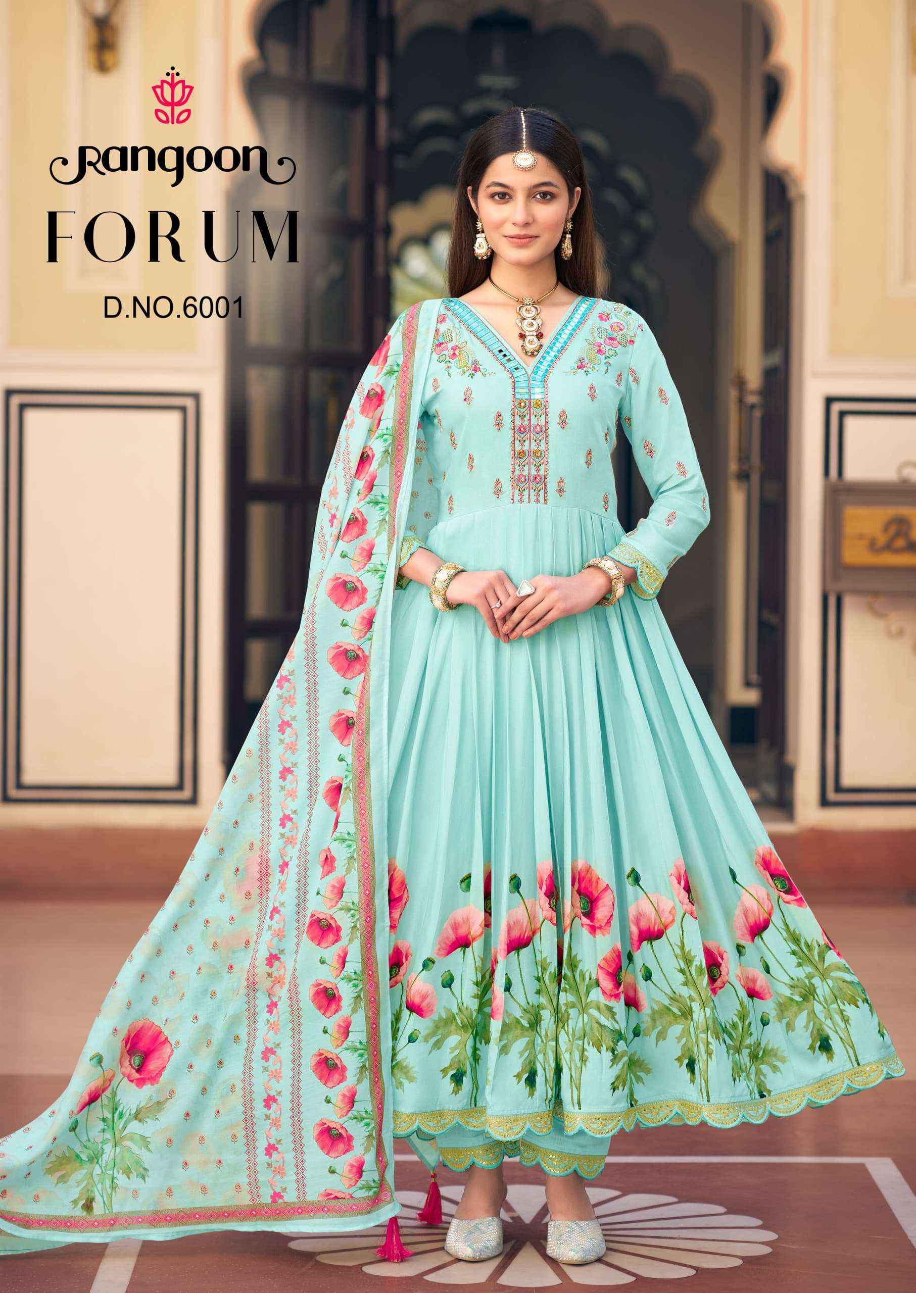 RANGOON FORUM MUSLIN DESIGNER FANCY ANARKALI STYLE SUIT WHOLESALE RATE ( 4 PCS CATALOG )