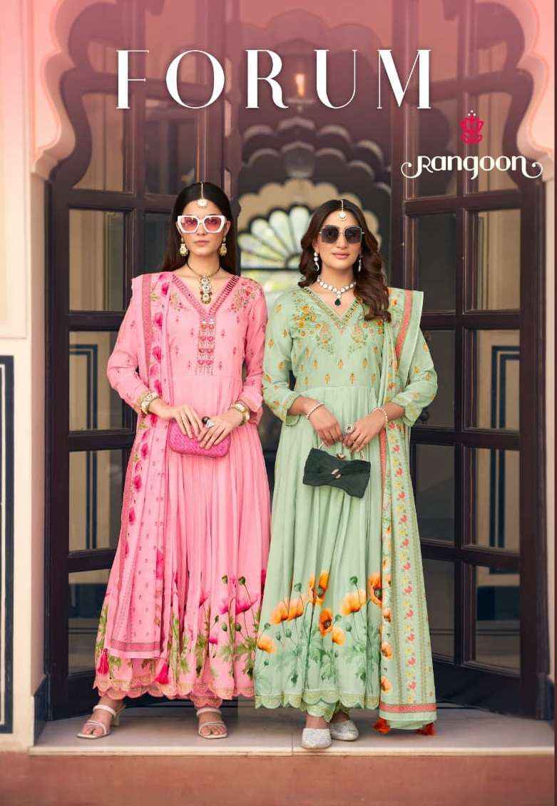 RANGOON FORUM MUSLIN DESIGNER FANCY ANARKALI STYLE SUIT WHOLESALE RATE ( 4 PCS CATALOG )
