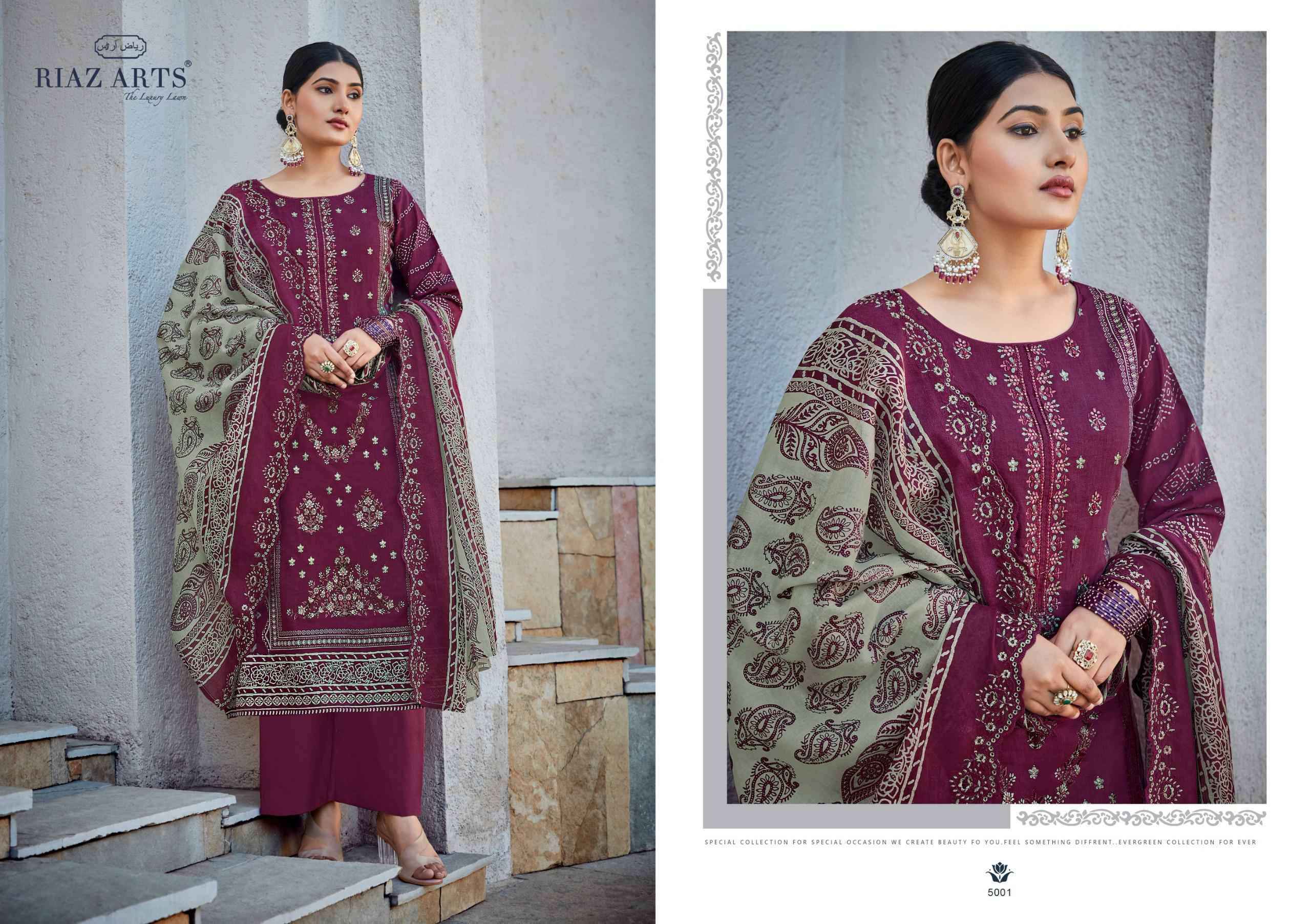 Riaz Arts Bin Saeed Vol 5 Pure Cotton Dress Material Cut Work Dupatta ( 6 Pcs Catalog )