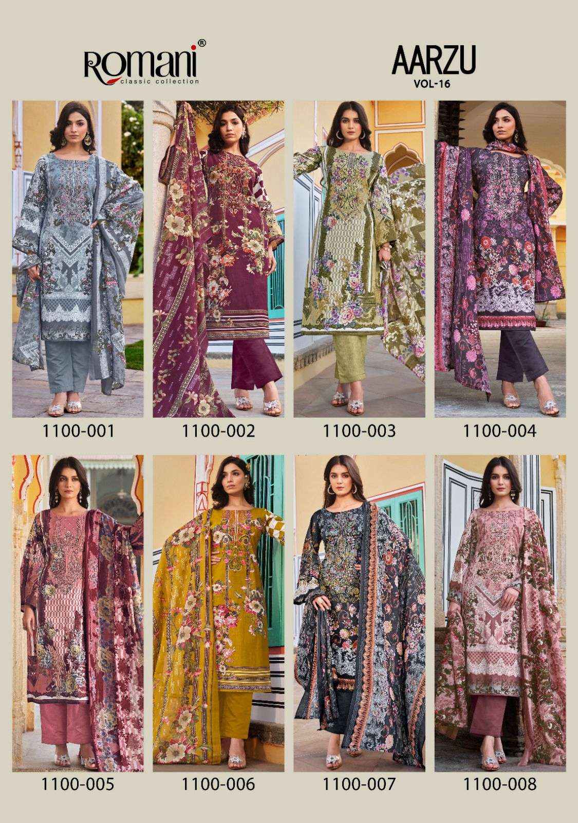 ROMANI AARZU VOL 16 COTTON DIGITAL PRINT WITH FANCY WORK SUIT WHOLESALE PRICE ( 8 PCS CATALOG )