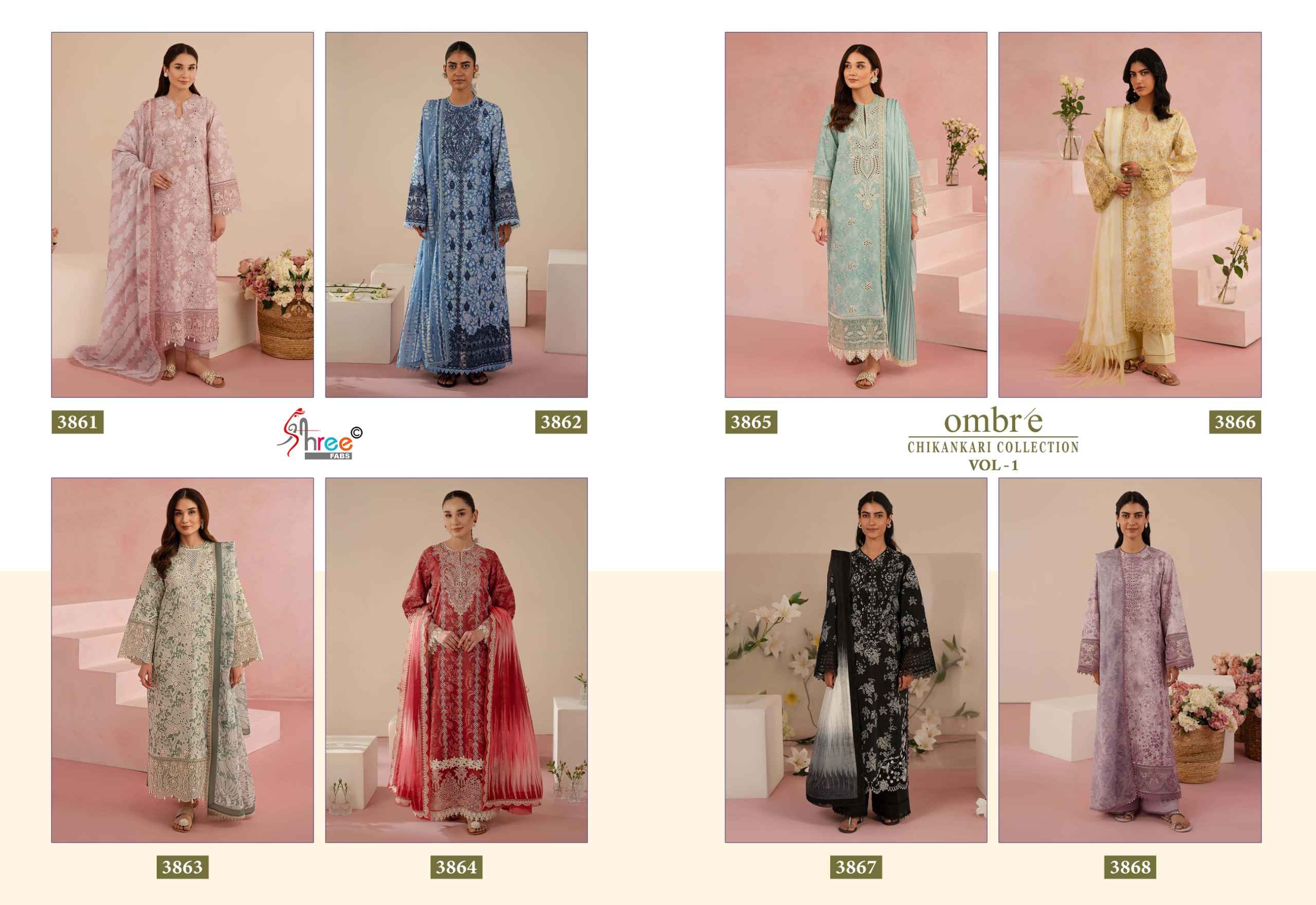 Shree fabs Ombre Chikankari Lawn Collection Vol -1 pakistani suits ( 8 pcs catalogue)