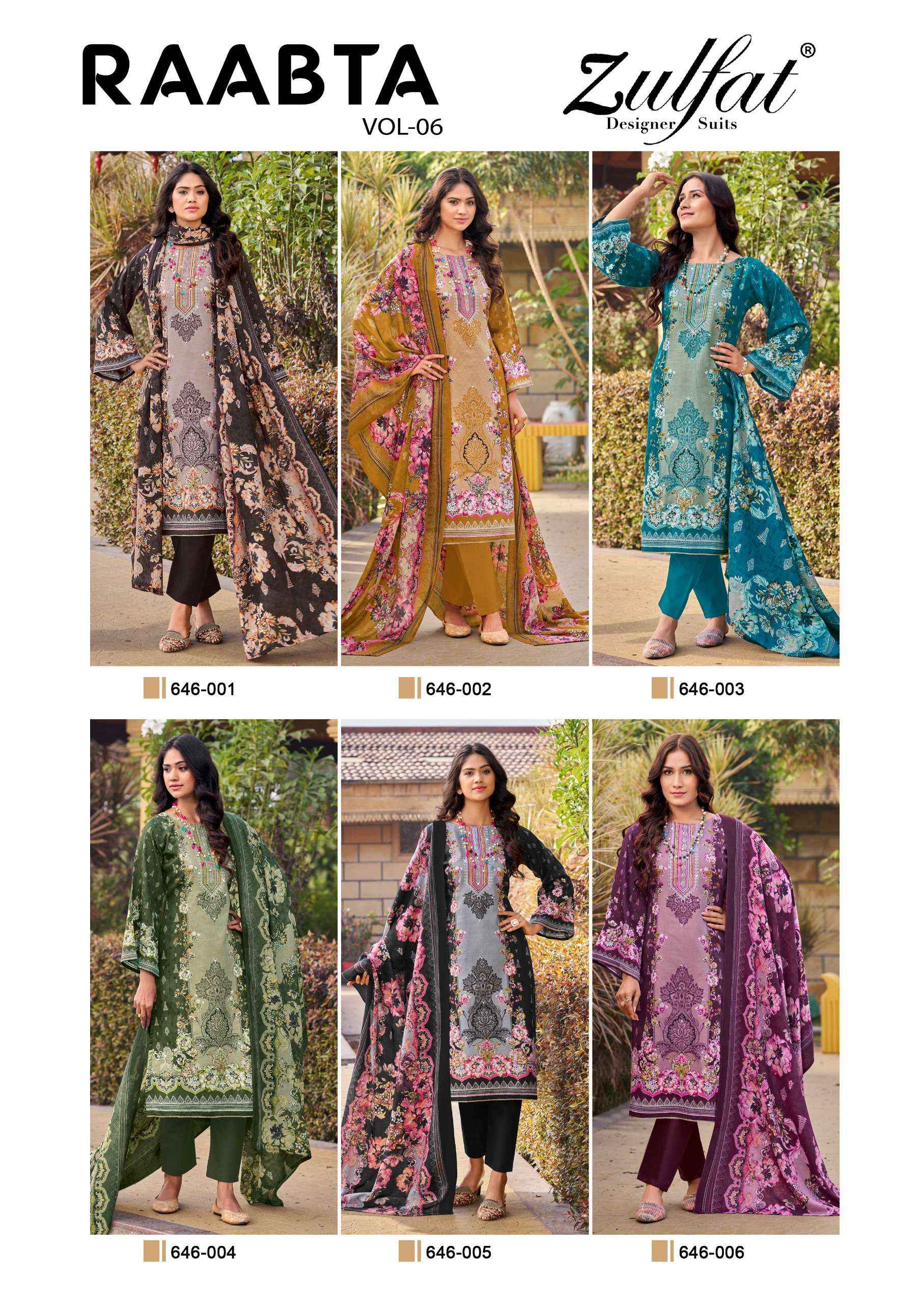ZULFAT DESIGNER SUITS RAABTA VOL 6 COTTON DIGITAL PRINTS WITH WORK DRESS WHOLESALE PRICE ( 6 PCS CATALOG )