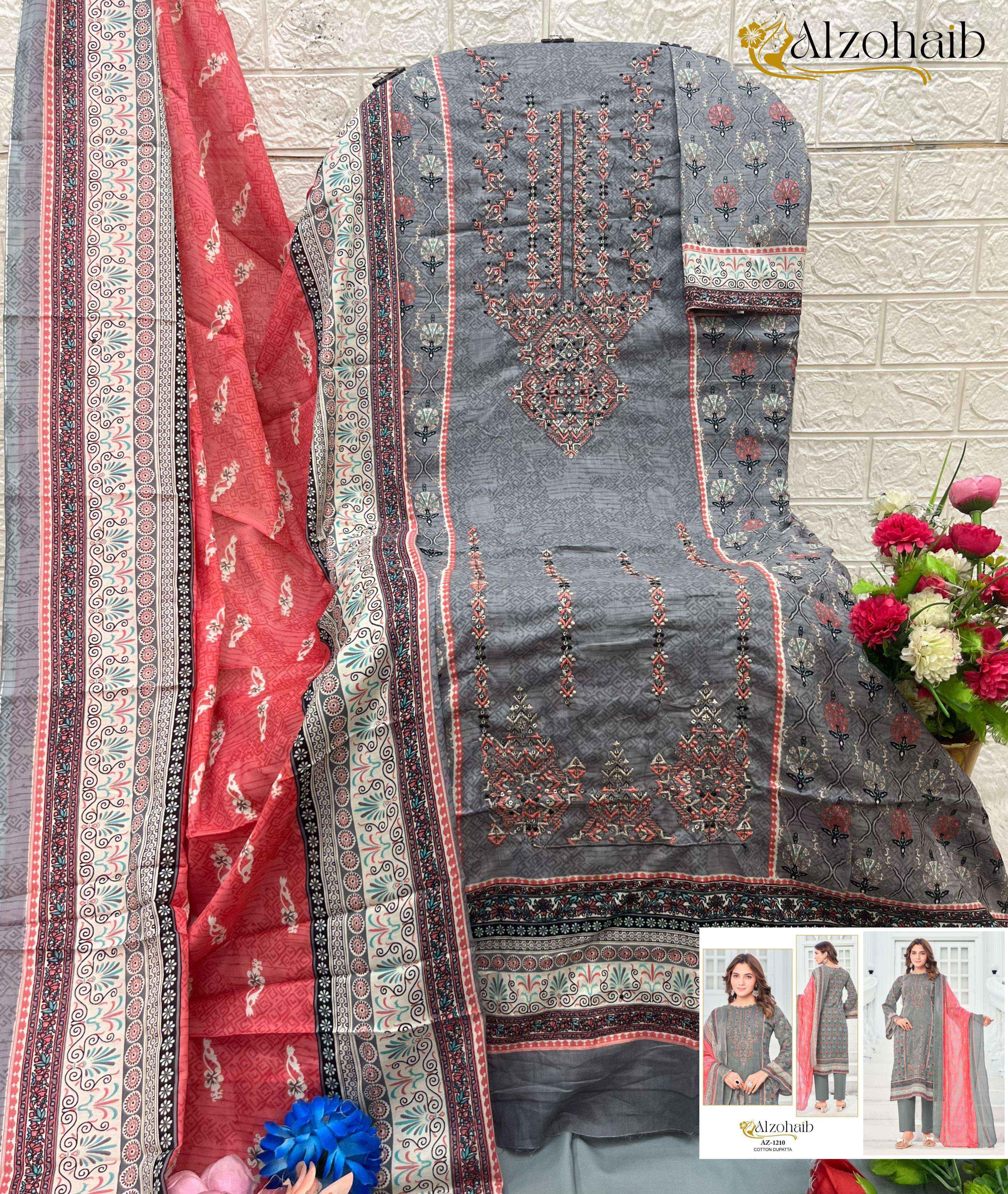 AL ZOHAIB DESIGN NO - 1210-1211-1248-1249-1250 PURE COTTON PRINT HEAVY SELF WORK PAKISTANI SALWAR SUIT