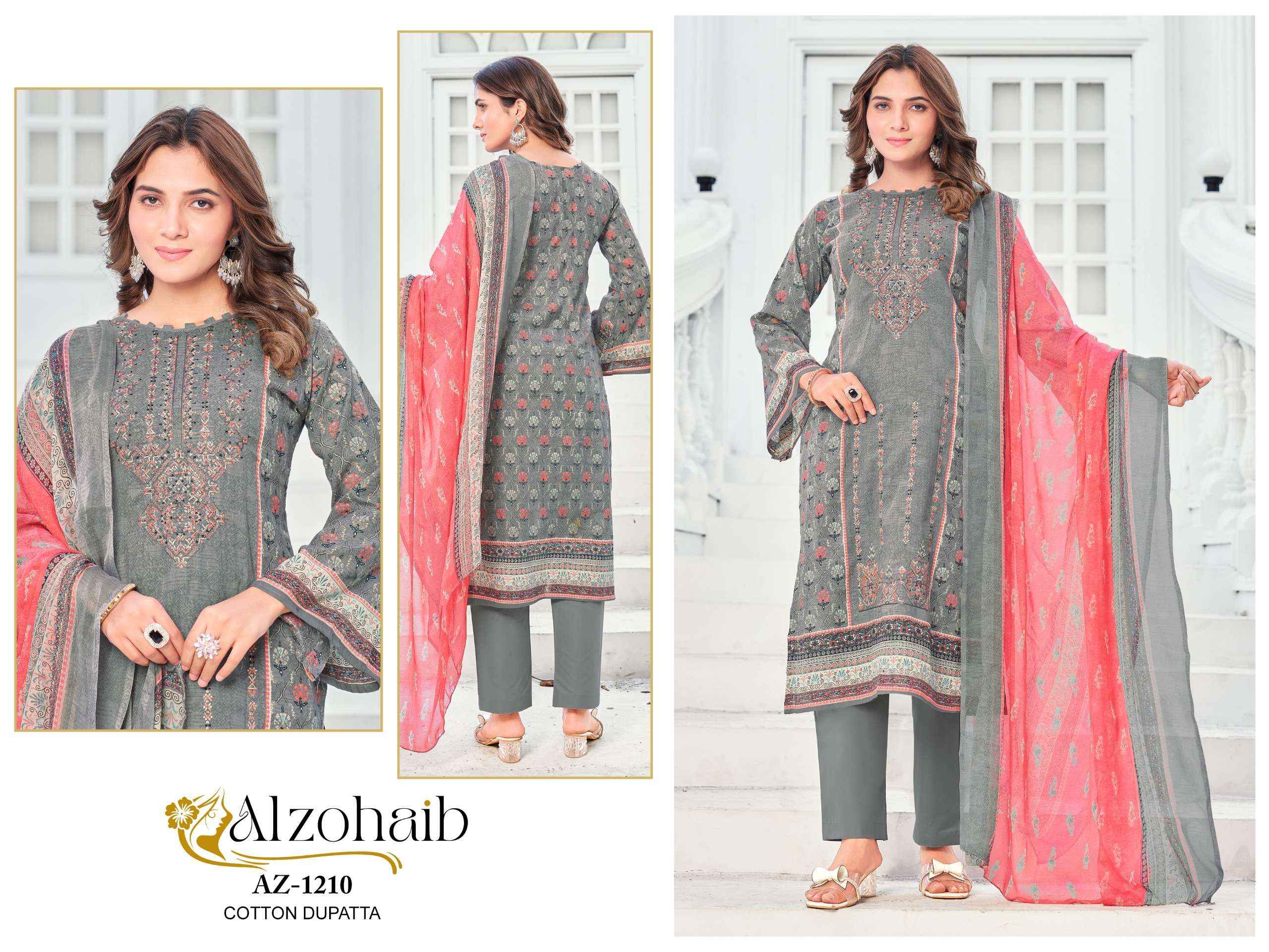 AL ZOHAIB DESIGN NO - 1210-1211-1248-1249-1250 PURE COTTON PRINT HEAVY SELF WORK PAKISTANI SALWAR SUIT