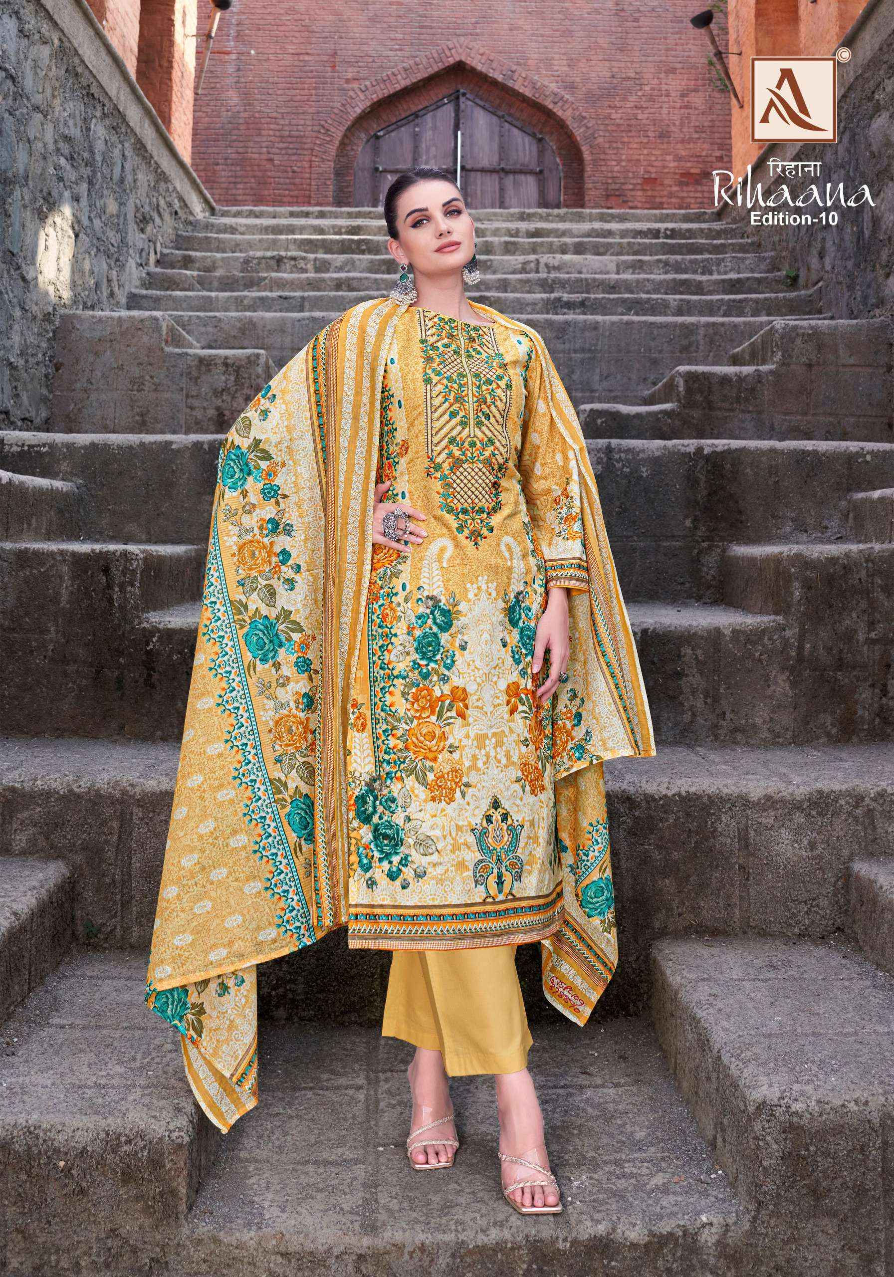 ALOK SUITS RIHAANA VOL 10 COTTON PRINT WITH FANCY EMBROIDERY WORK SUIT WHOLESALE RATE ( 8 PCS CATALOG )