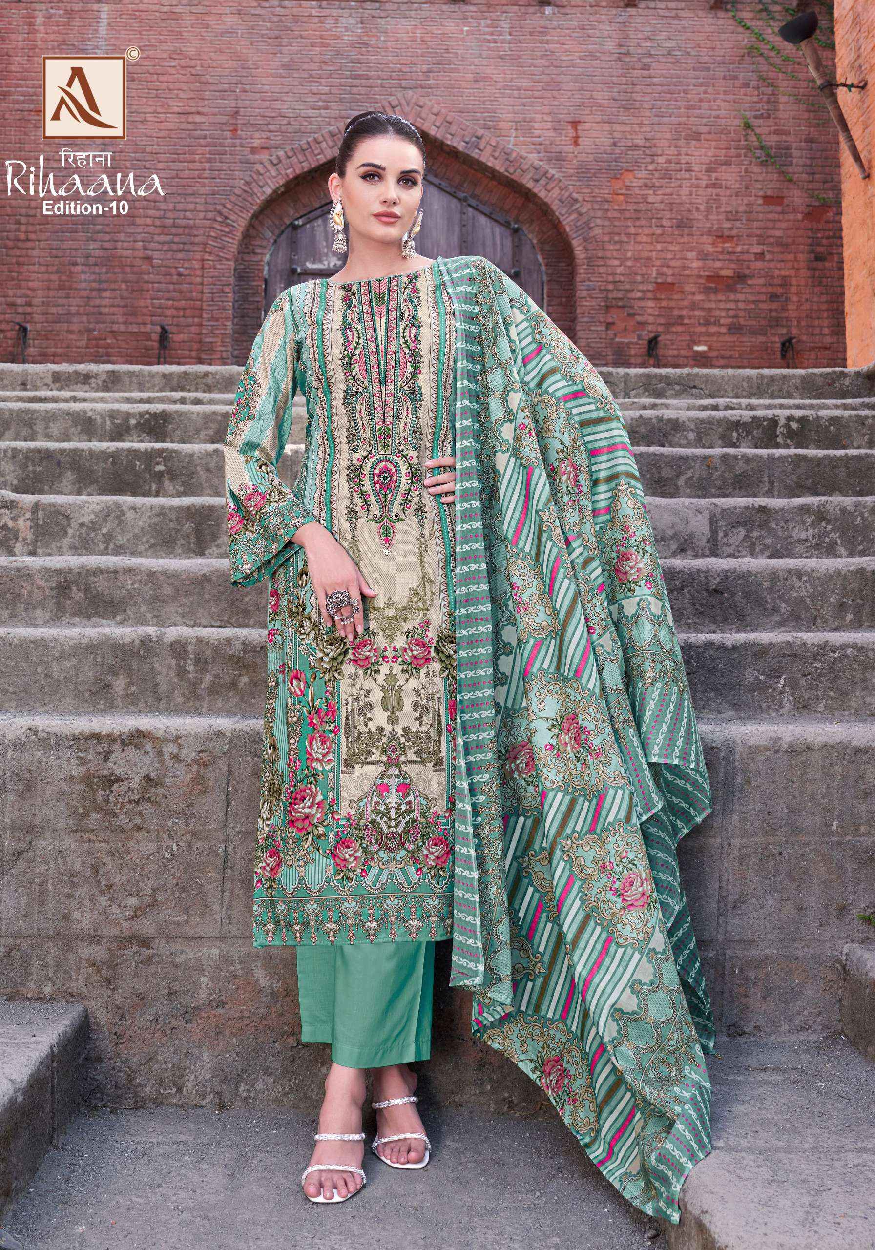 ALOK SUITS RIHAANA VOL 10 COTTON PRINT WITH FANCY EMBROIDERY WORK SUIT WHOLESALE RATE ( 8 PCS CATALOG )