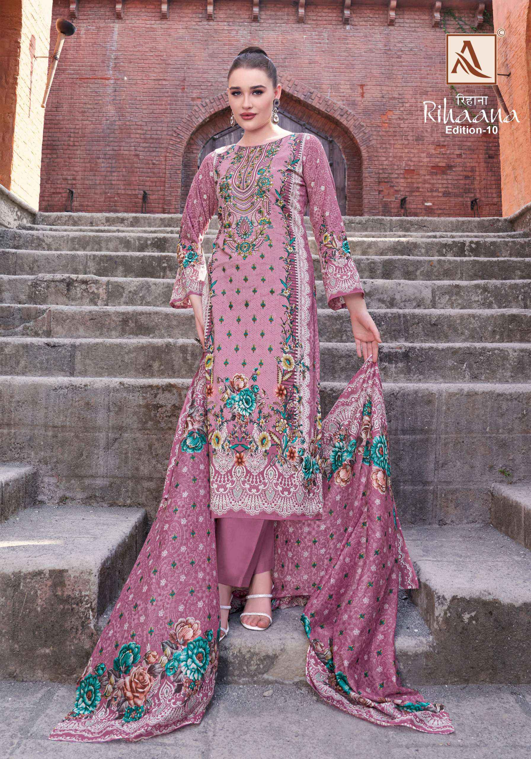 ALOK SUITS RIHAANA VOL 10 COTTON PRINT WITH FANCY EMBROIDERY WORK SUIT WHOLESALE RATE ( 8 PCS CATALOG )