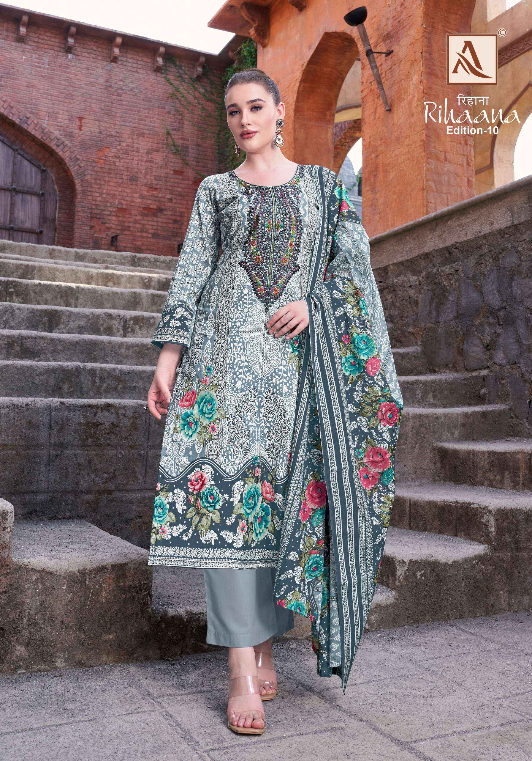 ALOK SUITS RIHAANA VOL 10 COTTON PRINT WITH FANCY EMBROIDERY WORK SUIT WHOLESALE RATE ( 8 PCS CATALOG )