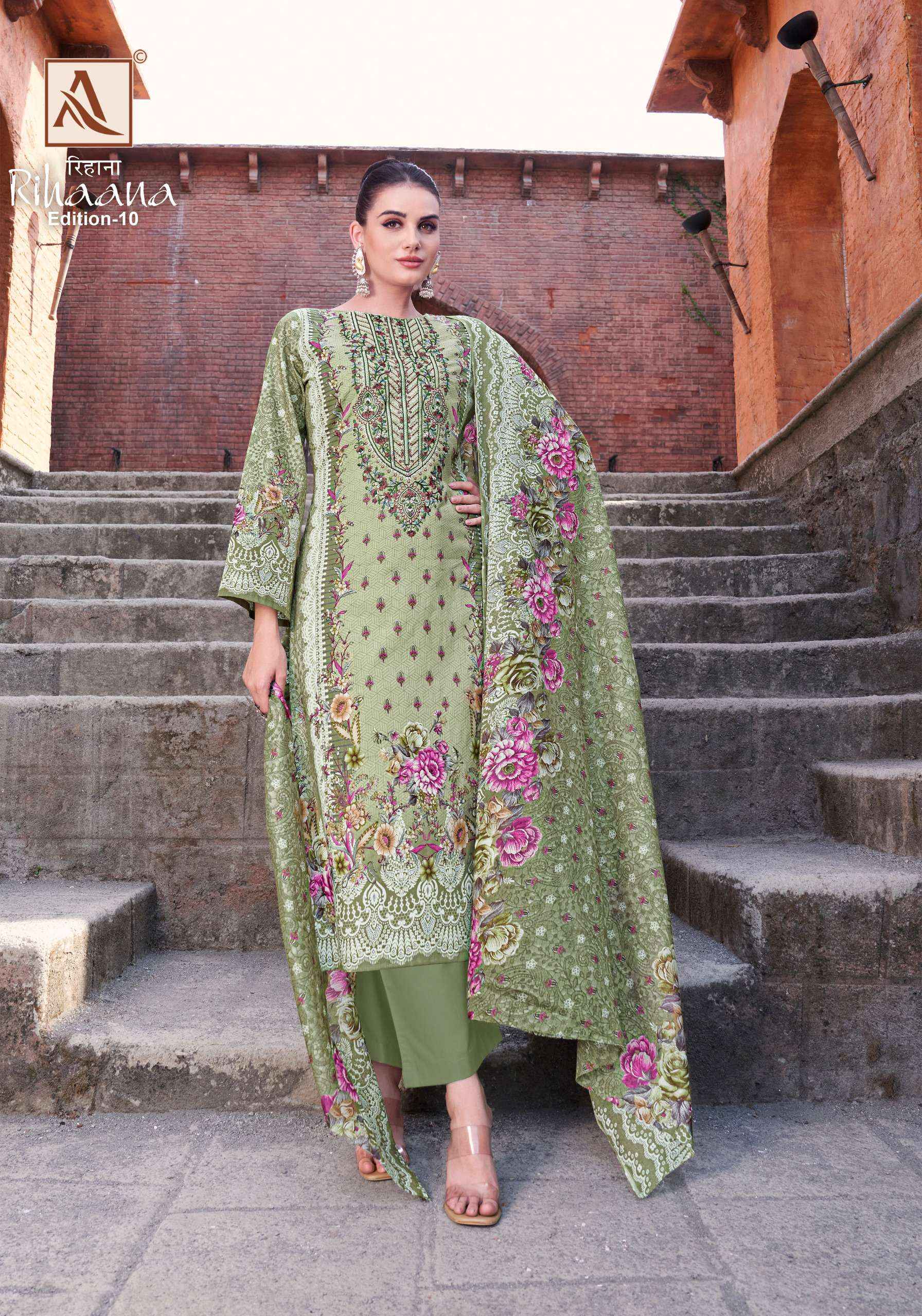 ALOK SUITS RIHAANA VOL 10 COTTON PRINT WITH FANCY EMBROIDERY WORK SUIT WHOLESALE RATE ( 8 PCS CATALOG )