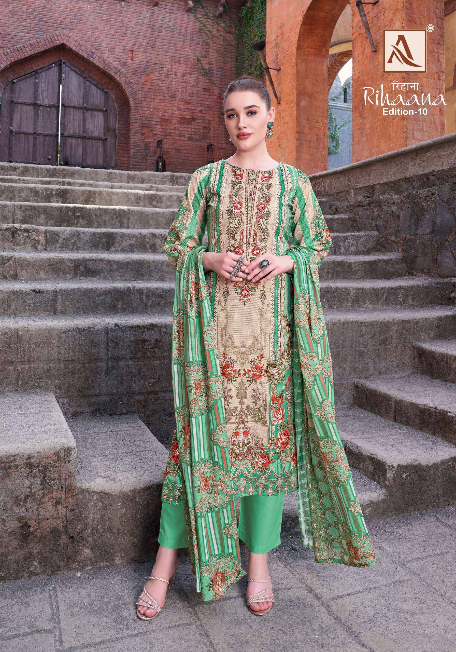 ALOK SUITS RIHAANA VOL 10 COTTON PRINT WITH FANCY EMBROIDERY WORK SUIT WHOLESALE RATE ( 8 PCS CATALOG )