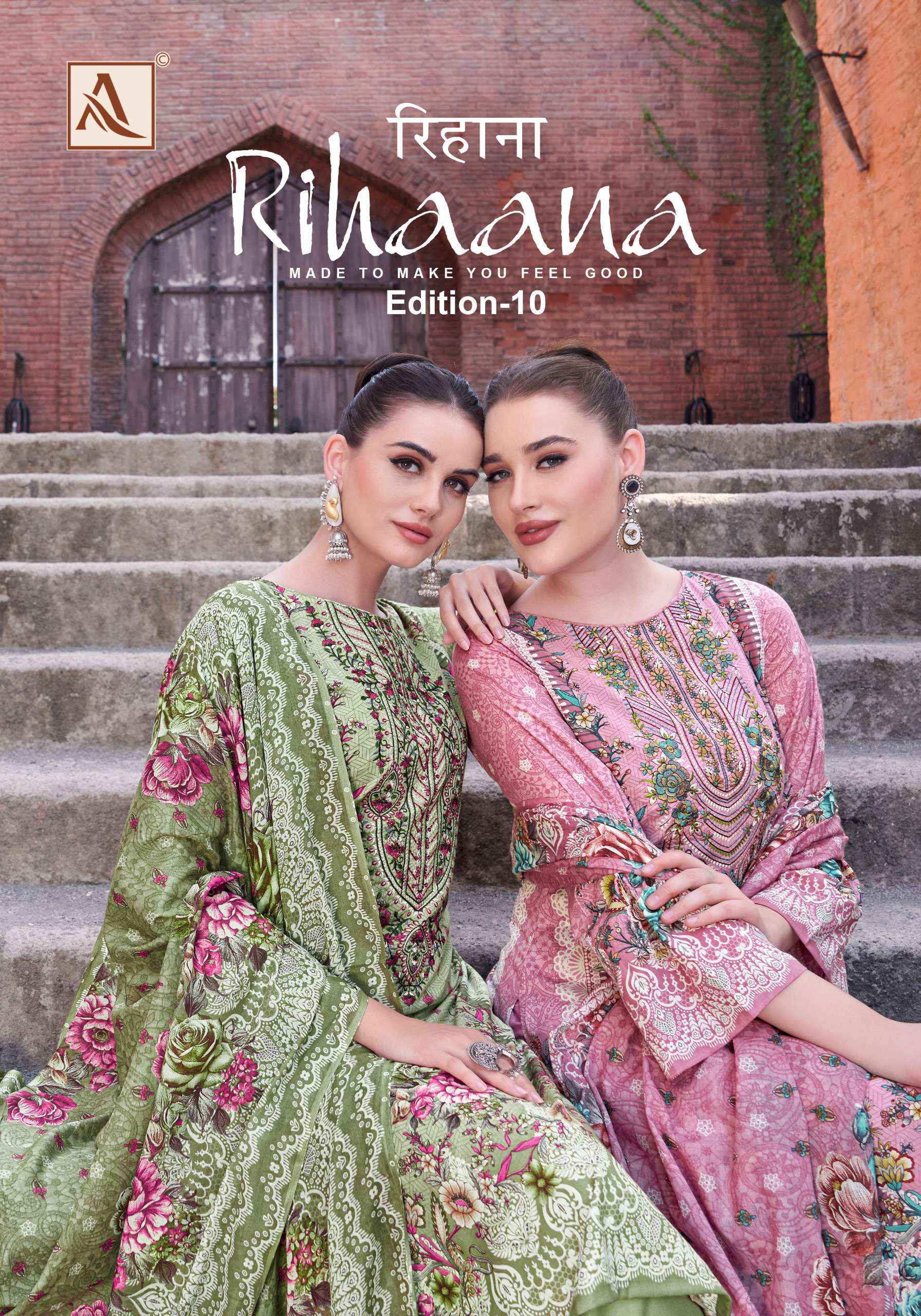 ALOK SUITS RIHAANA VOL 10 COTTON PRINT WITH FANCY EMBROIDERY WORK SUIT WHOLESALE RATE ( 8 PCS CATALOG )