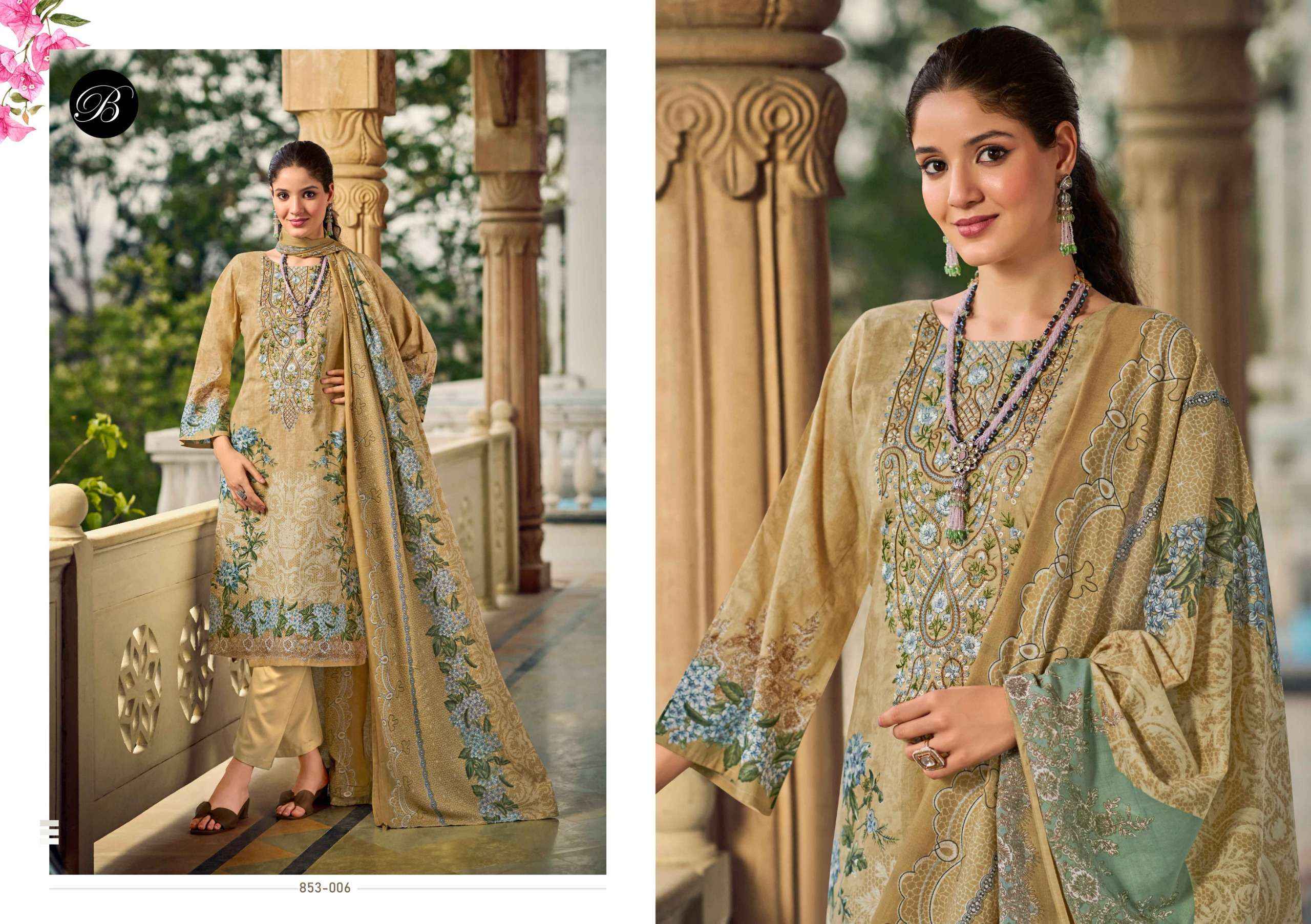 BELLIZA DESIGNER STUDIO NAIRA VOL 107 COTTON PRINT WITH FANCY DRESS MATERIAL WHOLESALE PRICE ( 8 PCS CATALOG )