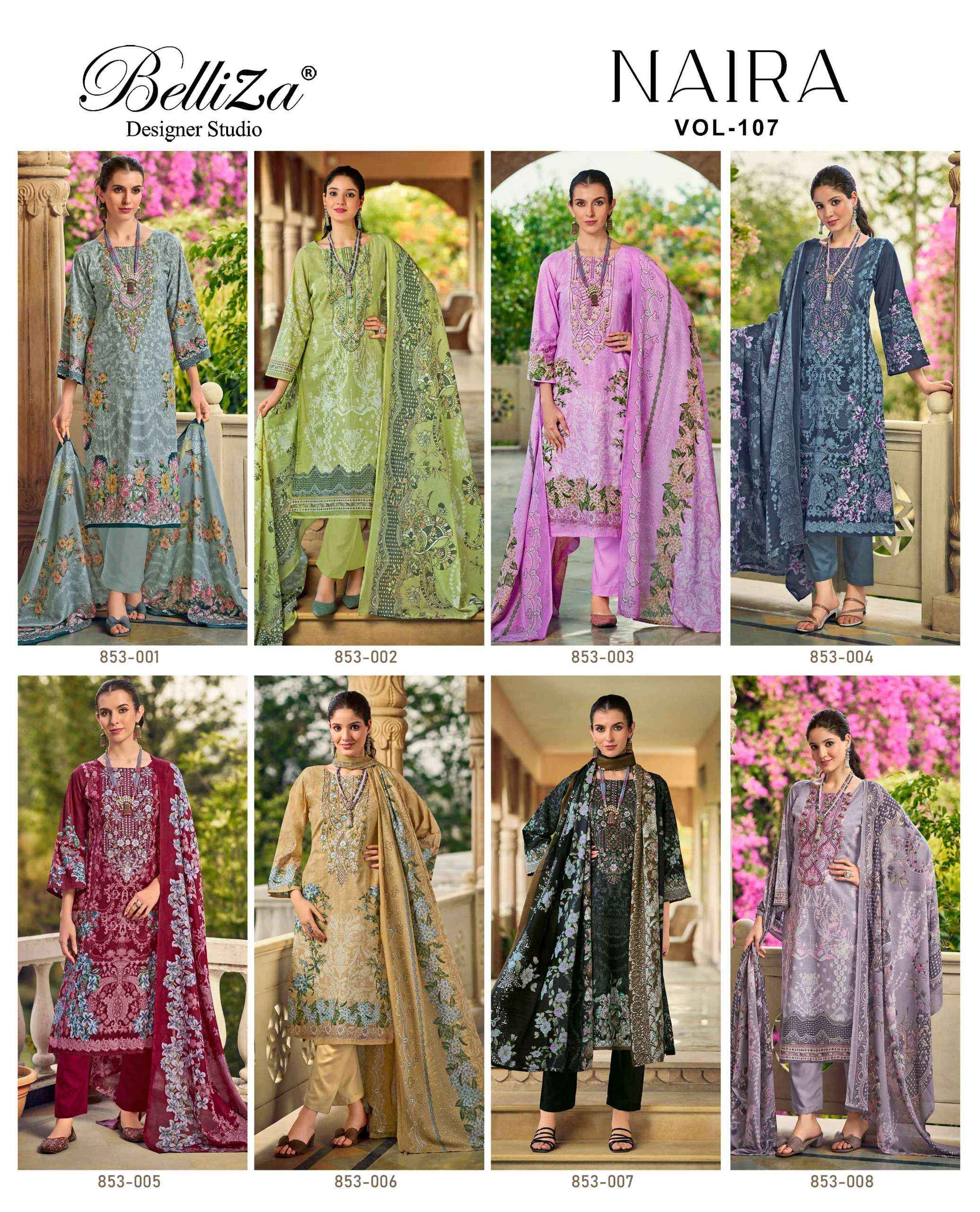BELLIZA DESIGNER STUDIO NAIRA VOL 107 COTTON PRINT WITH FANCY DRESS MATERIAL WHOLESALE PRICE ( 8 PCS CATALOG )