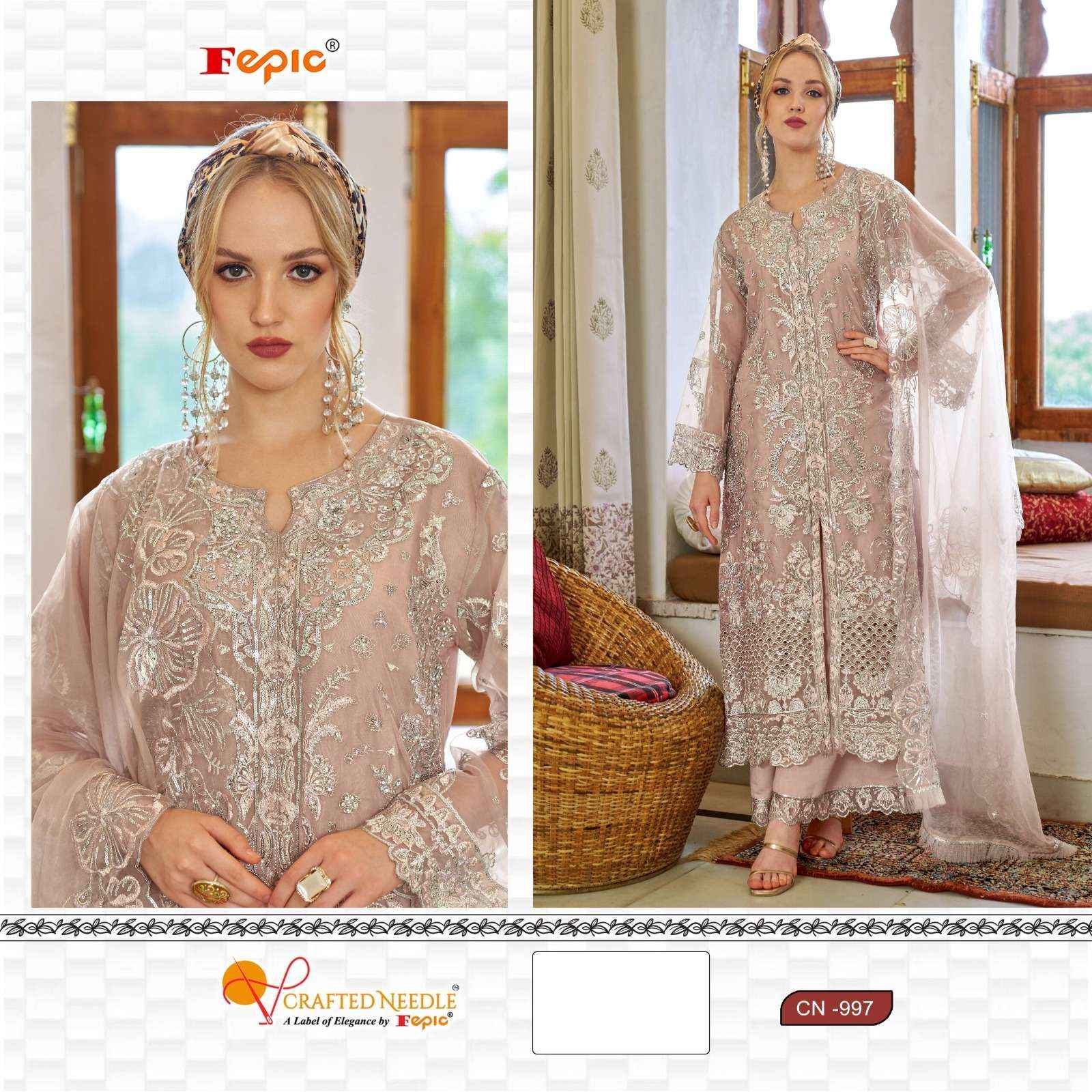 FEPIC CRAFTED NEEDLE CN 997 ORGANZA HEAVY EMBROIDERED SUIT WHOLESALE PRICE ( 3 PCS CATALOG )