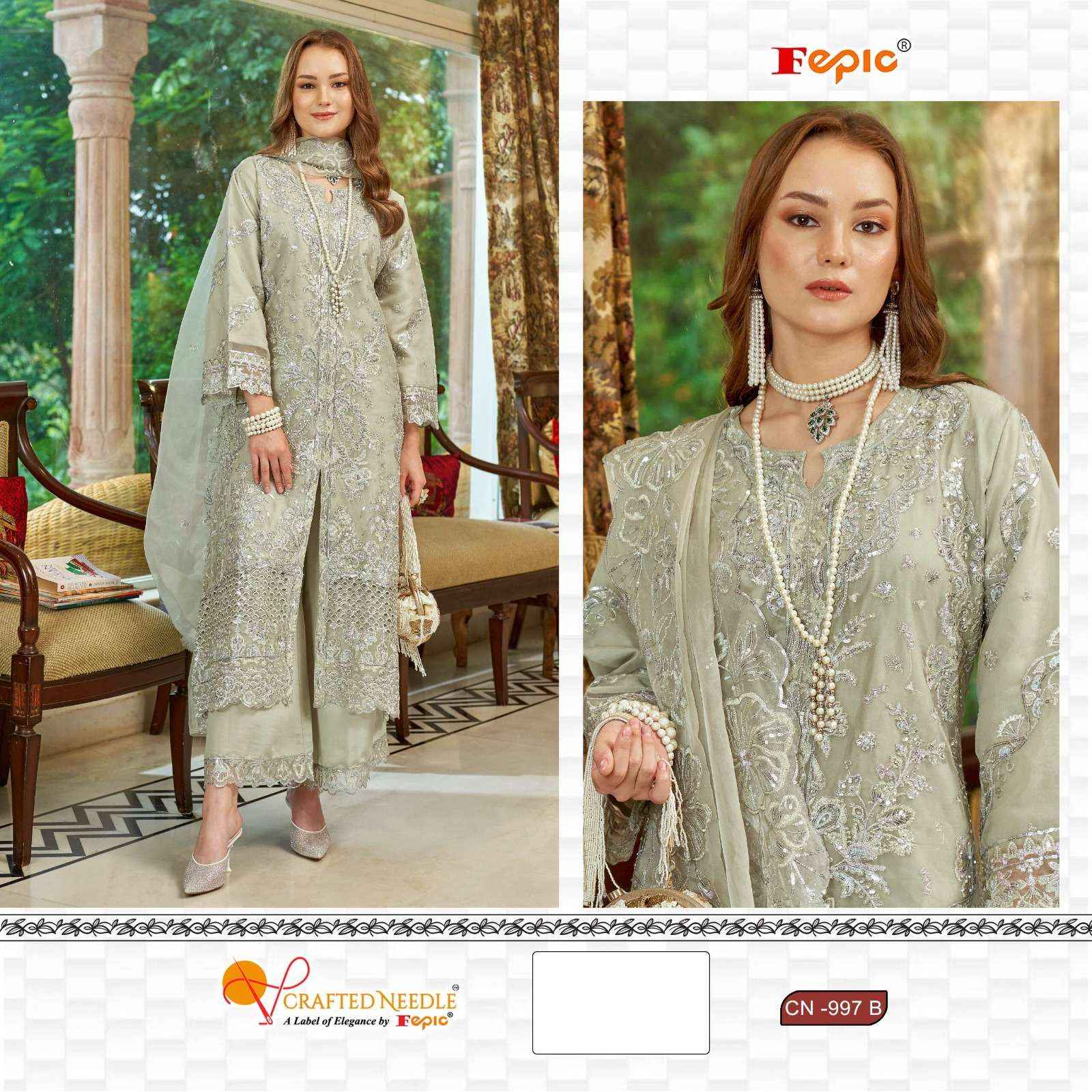 FEPIC CRAFTED NEEDLE CN 997 ORGANZA HEAVY EMBROIDERED SUIT WHOLESALE PRICE ( 3 PCS CATALOG )