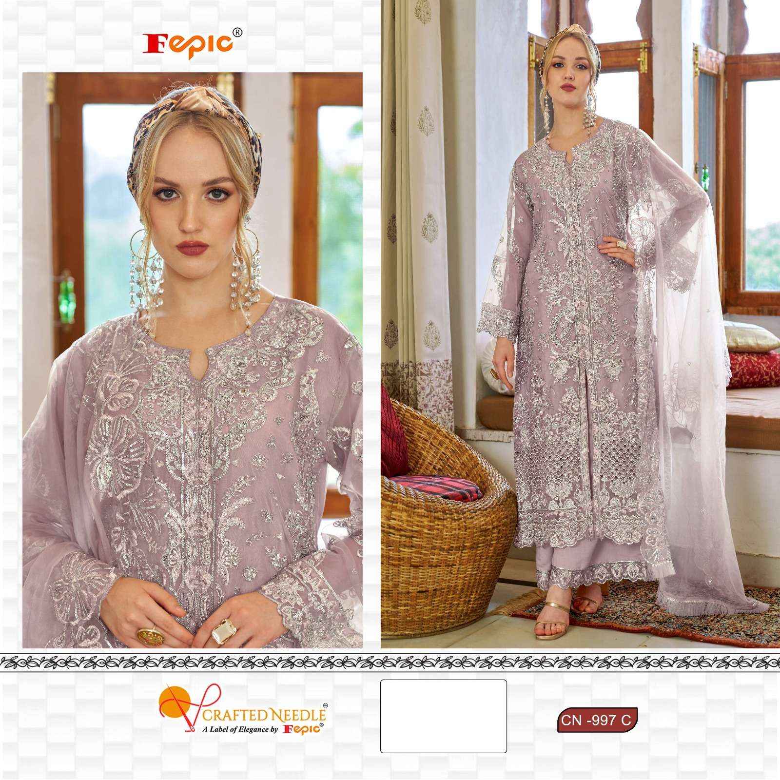 FEPIC CRAFTED NEEDLE CN 997 ORGANZA HEAVY EMBROIDERED SUIT WHOLESALE PRICE ( 3 PCS CATALOG )
