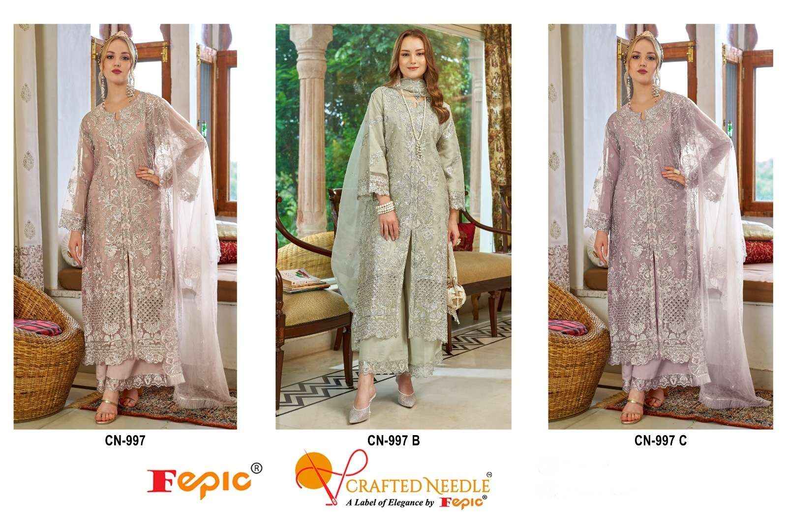 FEPIC CRAFTED NEEDLE CN 997 ORGANZA HEAVY EMBROIDERED SUIT WHOLESALE PRICE ( 3 PCS CATALOG )