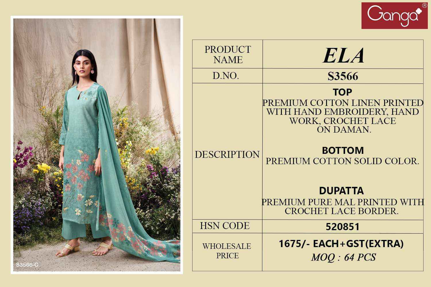Ganga Ela 3566 Linen Cotton Dress Material Wholesale Price ( 4 Pcs Catalog )