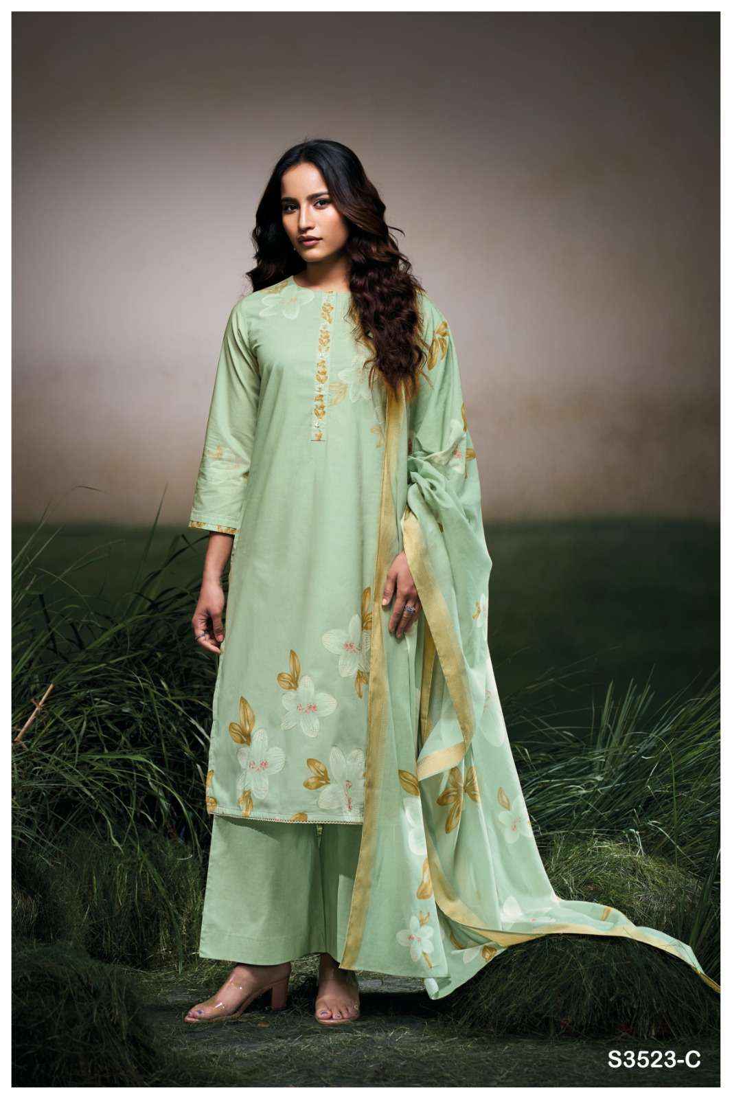 GANGA FARYAT 3523 COTTON PRINTED WITH DESIGNER WORK SUIT WHOLESALE RATE ( 4 PCS CATALOG )