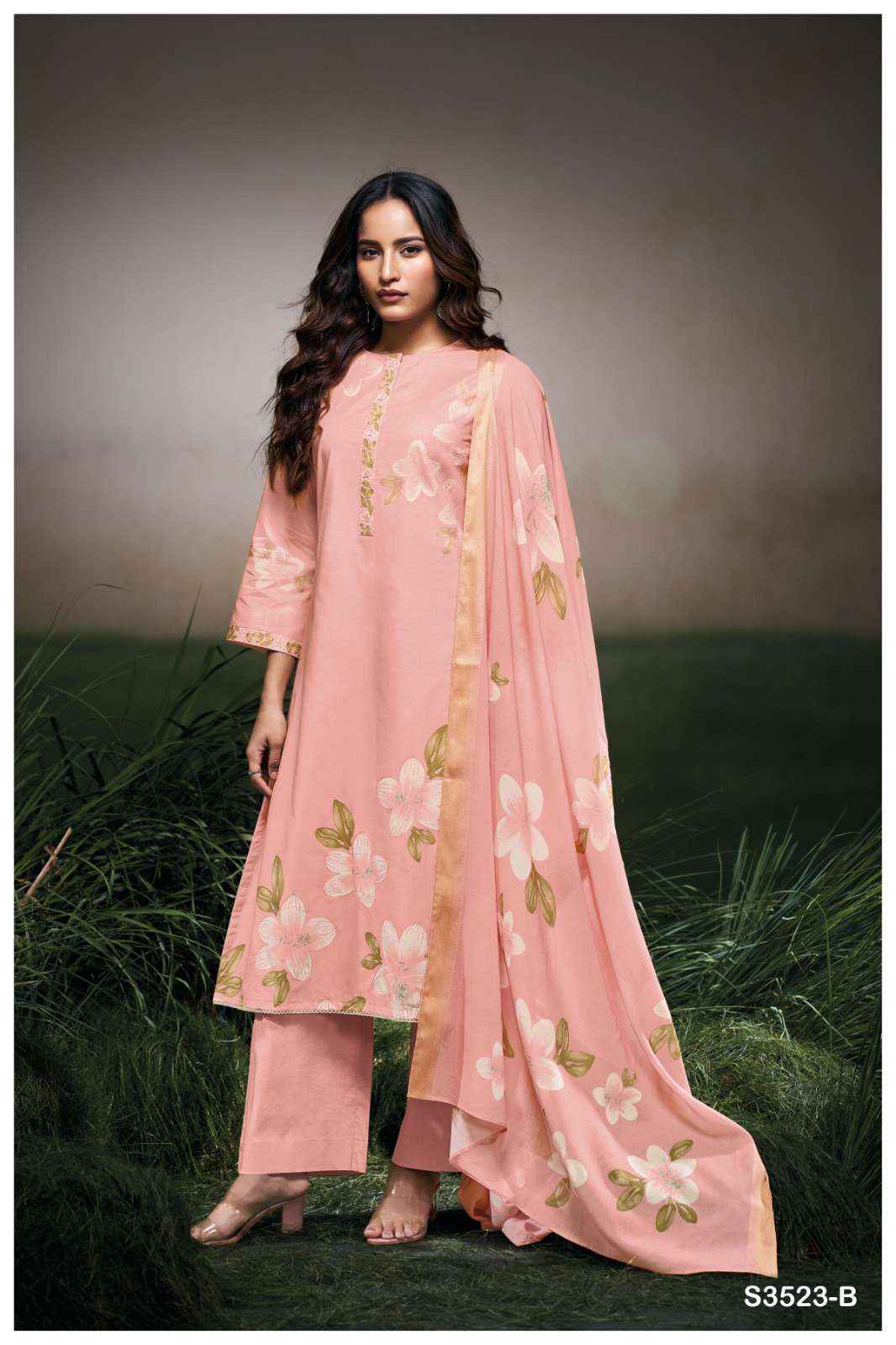GANGA FARYAT 3523 COTTON PRINTED WITH DESIGNER WORK SUIT WHOLESALE RATE ( 4 PCS CATALOG )