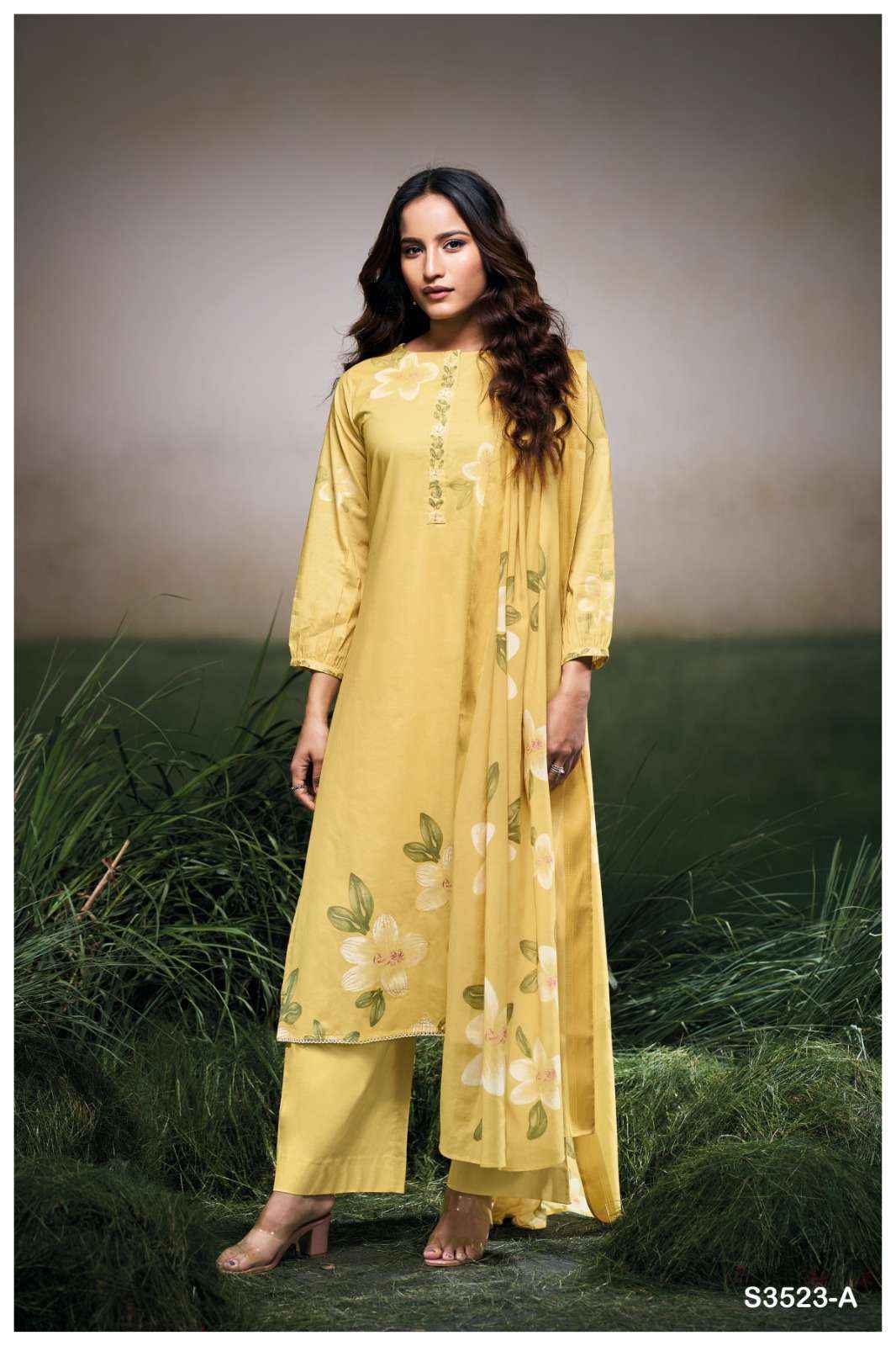GANGA FARYAT 3523 COTTON PRINTED WITH DESIGNER WORK SUIT WHOLESALE RATE ( 4 PCS CATALOG )