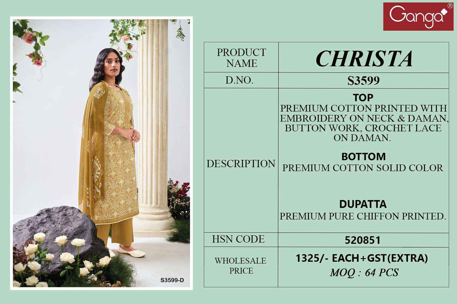 Ganga Fashion Christa 3599 Pure Cotton Fancy Ladies Suit Dress Material Wholesale Price ( 4 Pcs Catalog )