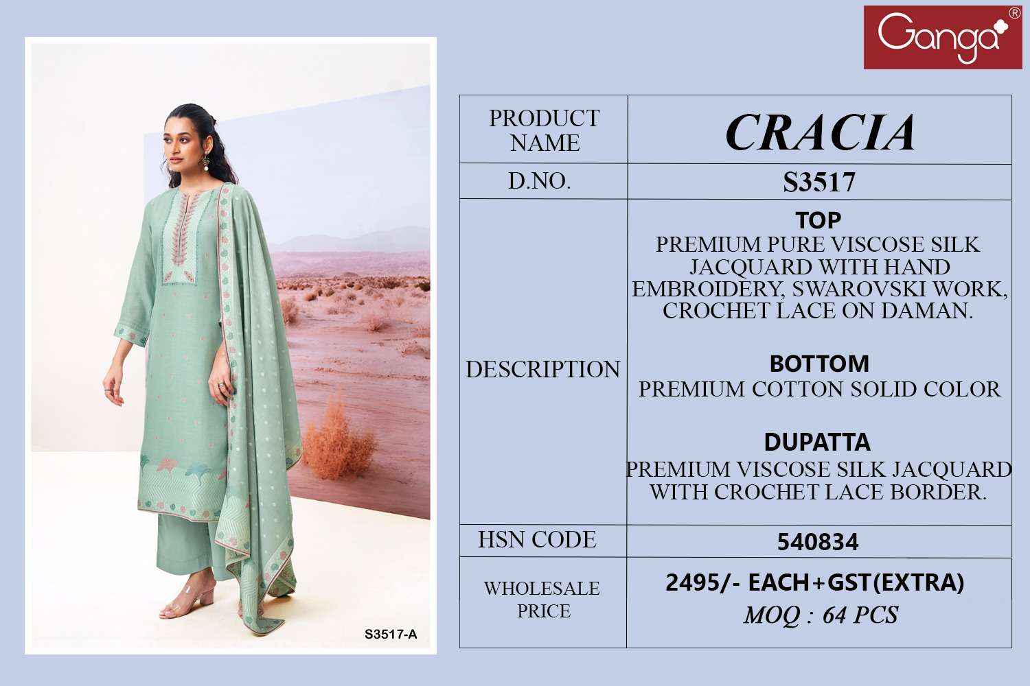 Ganga Fashion Cracia 3517 Premium Designs Silk Suit Dress Material Wholesale Price ( 2 Pcs Catalog )