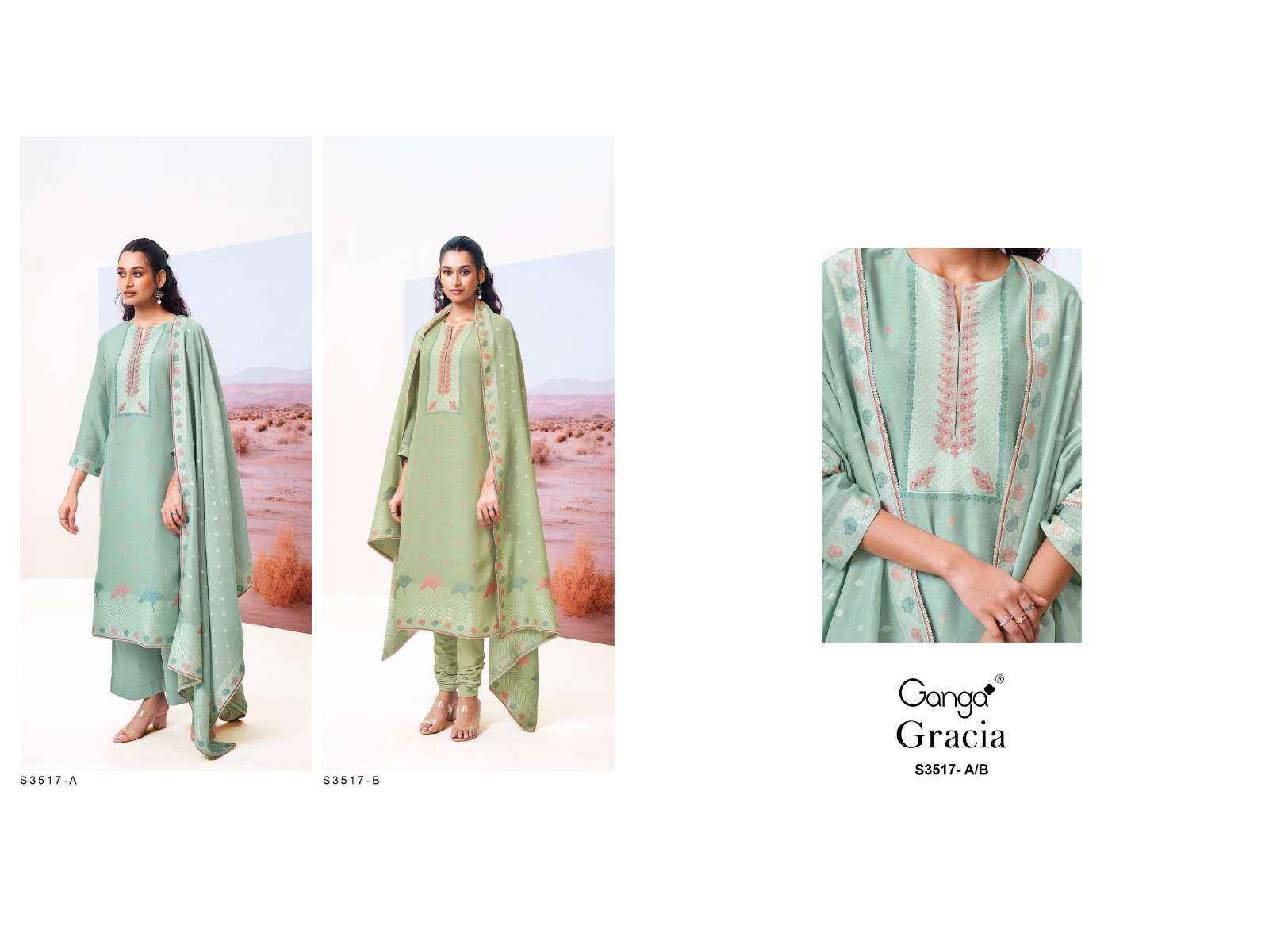 Ganga Fashion Cracia 3517 Premium Designs Silk Suit Dress Material Wholesale Price ( 2 Pcs Catalog )