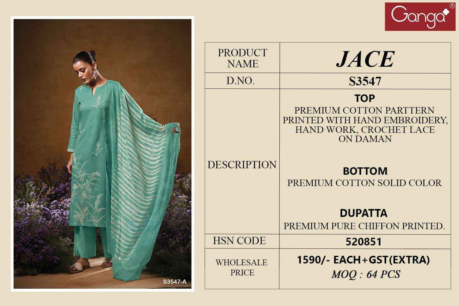 Ganga Jace 3547 Cotton Dress Material Wholesale Price ( 4 Pcs Catalog )