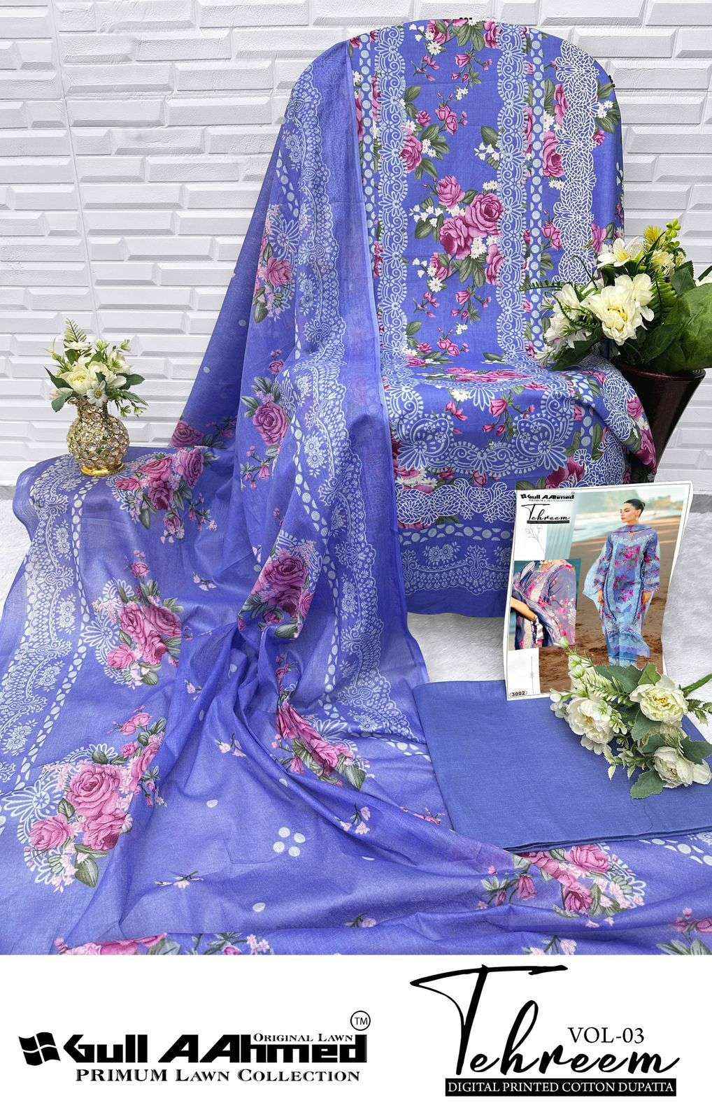 GULL AAHMED TEHREEM VOL 3 LAWN COTTON DIGITAL PRINT DRESS MATERIAL WHOLESALE PRICE ( 6 PCS CATALOG )