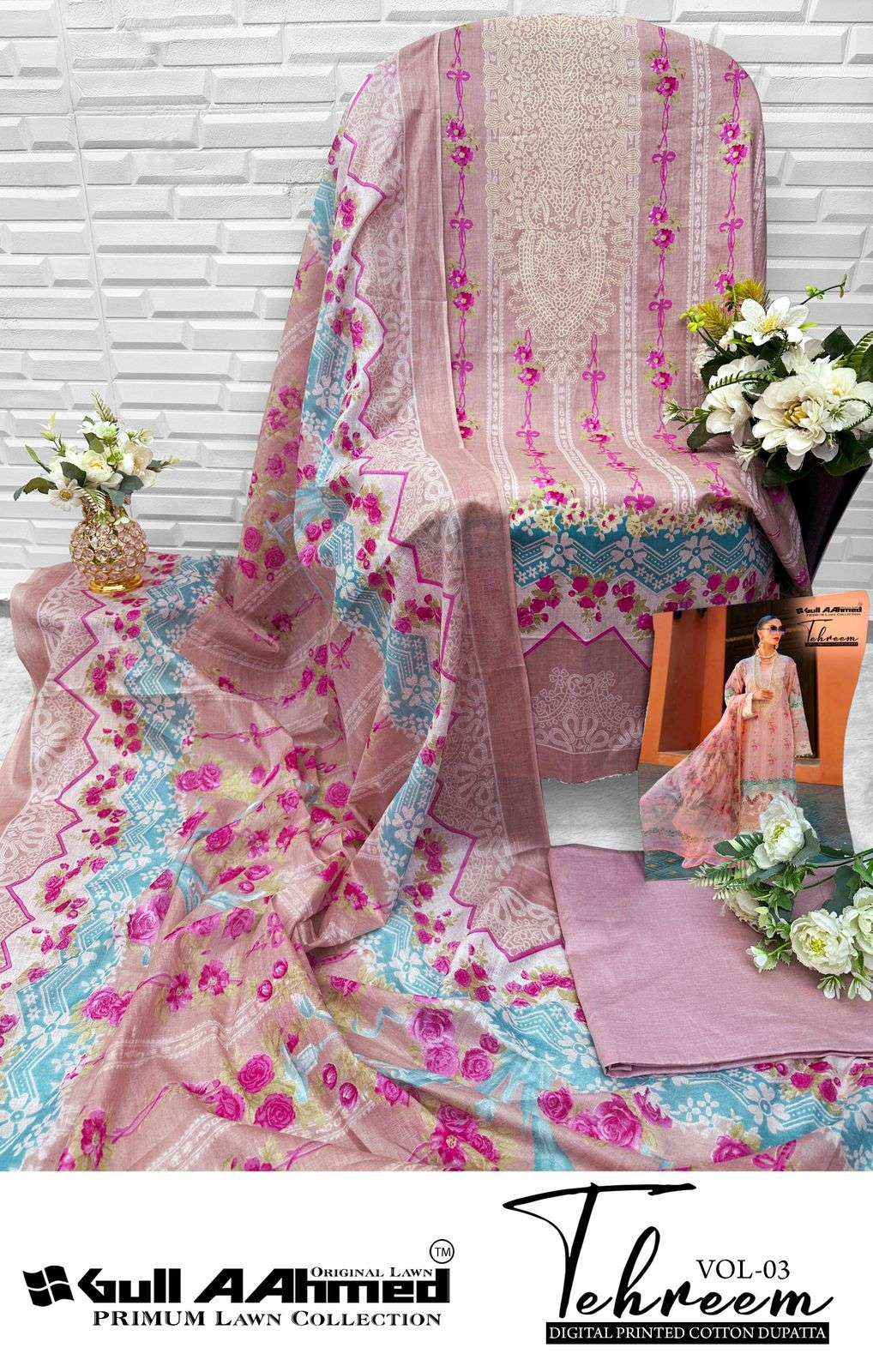 GULL AAHMED TEHREEM VOL 3 LAWN COTTON DIGITAL PRINT DRESS MATERIAL WHOLESALE PRICE ( 6 PCS CATALOG )
