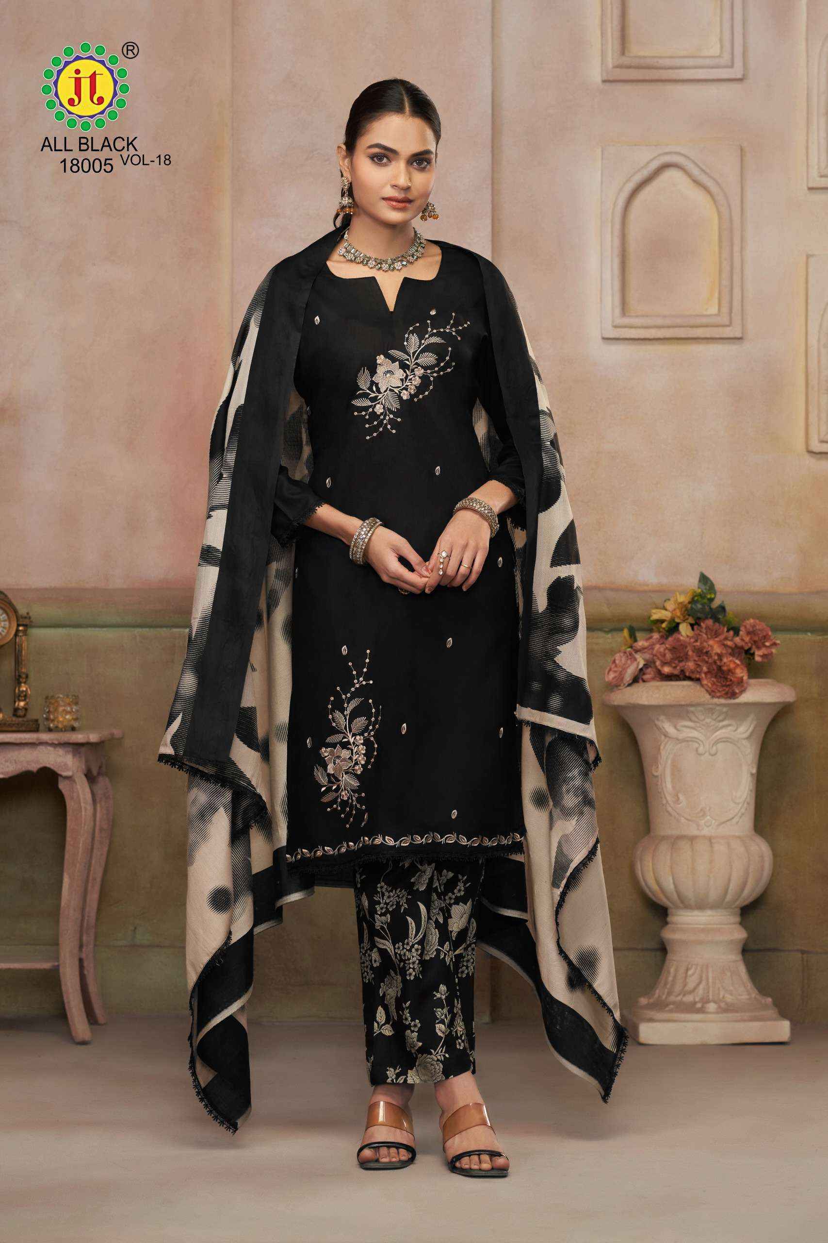 JT ALL BLACK 18 RAYON EMBROIDERY WORK SUIT WHOLESALE SURAT ( 5 PCS CATALOGUE )