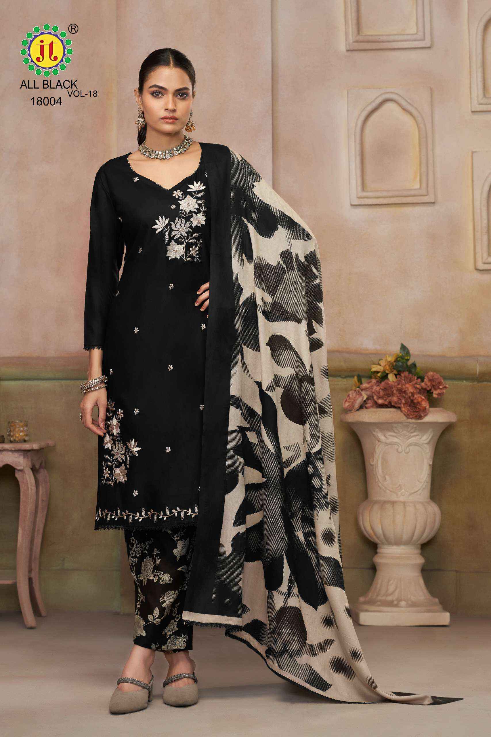 JT ALL BLACK 18 RAYON EMBROIDERY WORK SUIT WHOLESALE SURAT ( 5 PCS CATALOGUE )