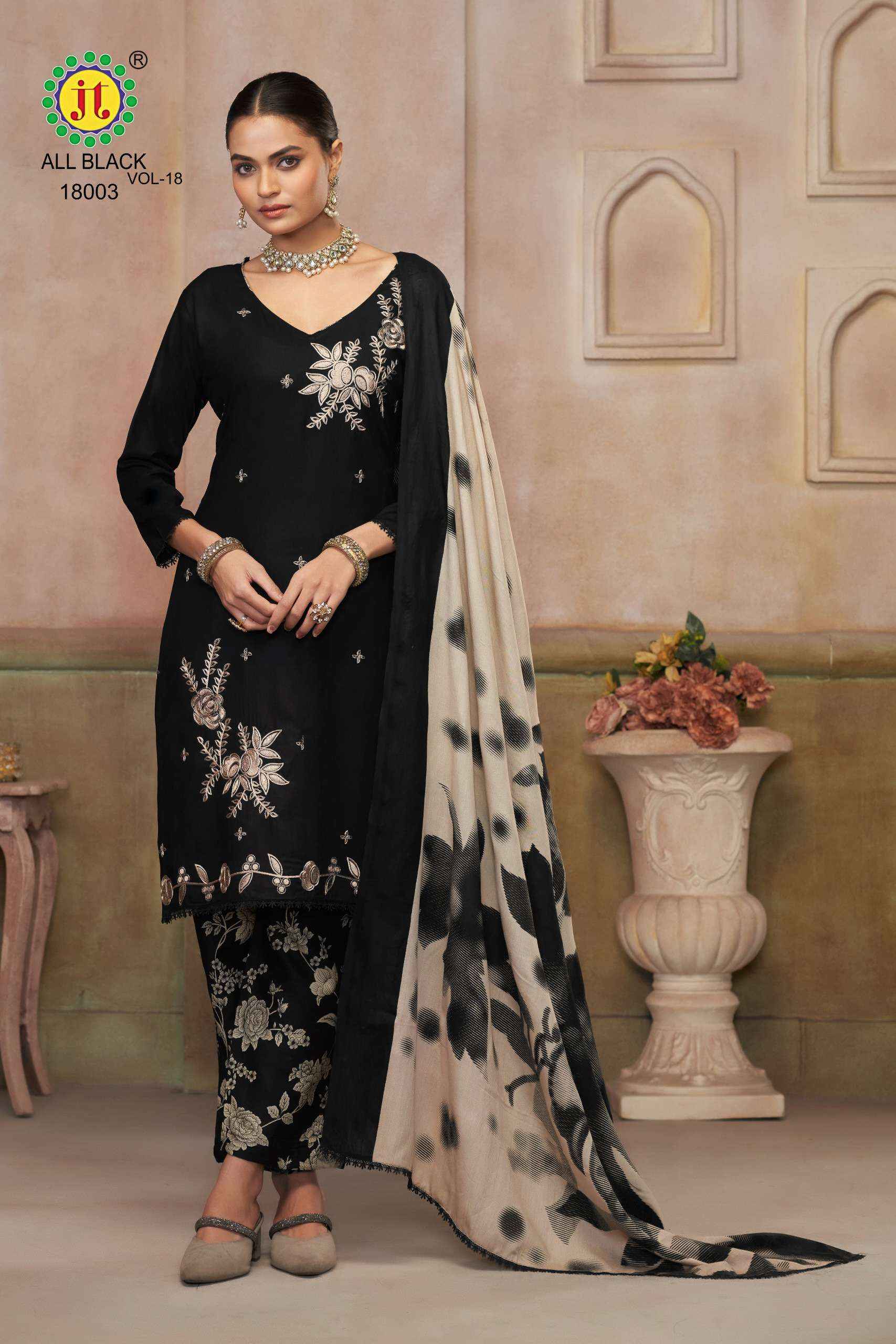 JT ALL BLACK 18 RAYON EMBROIDERY WORK SUIT WHOLESALE SURAT ( 5 PCS CATALOGUE )