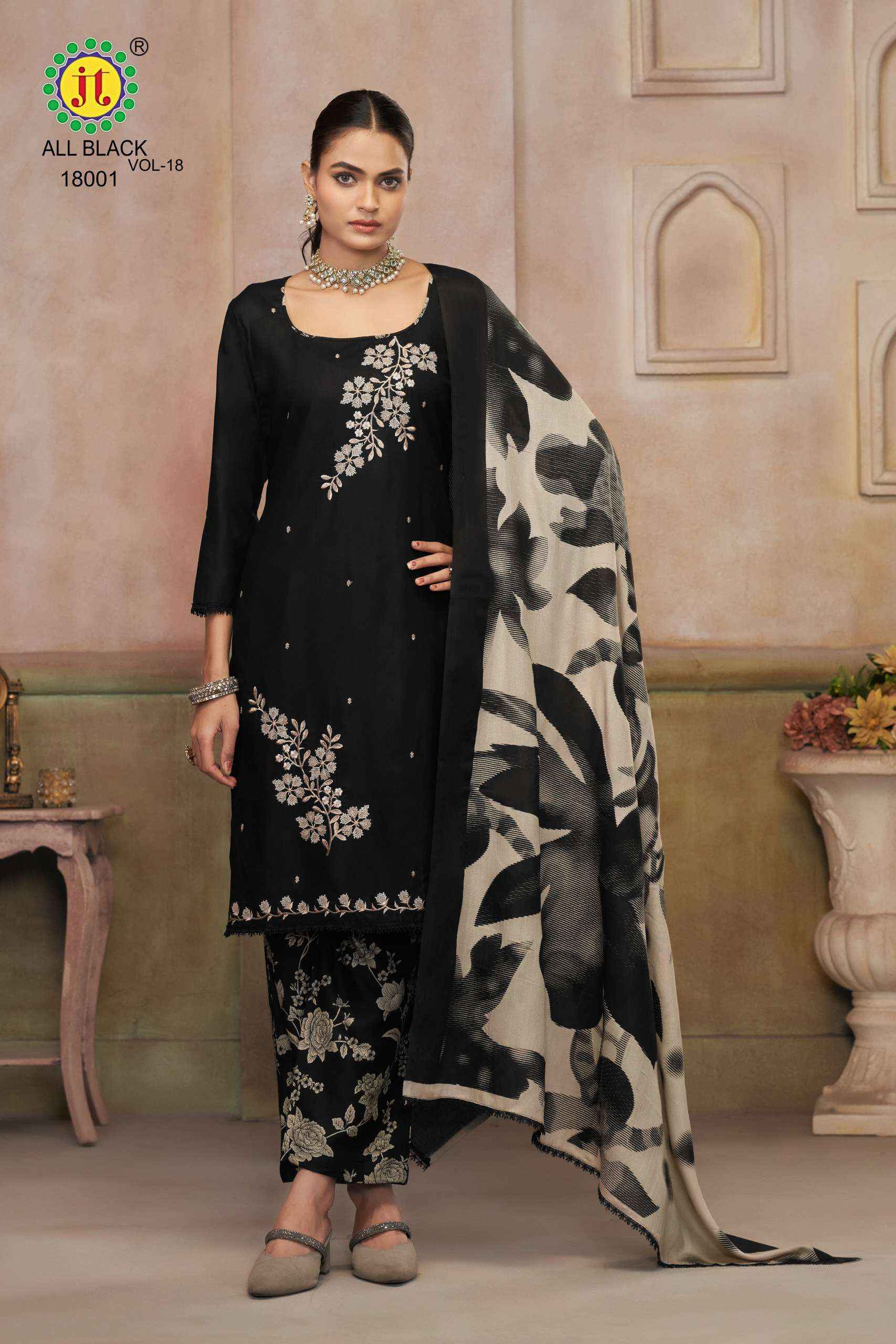 JT ALL BLACK 18 RAYON EMBROIDERY WORK SUIT WHOLESALE SURAT ( 5 PCS CATALOGUE )