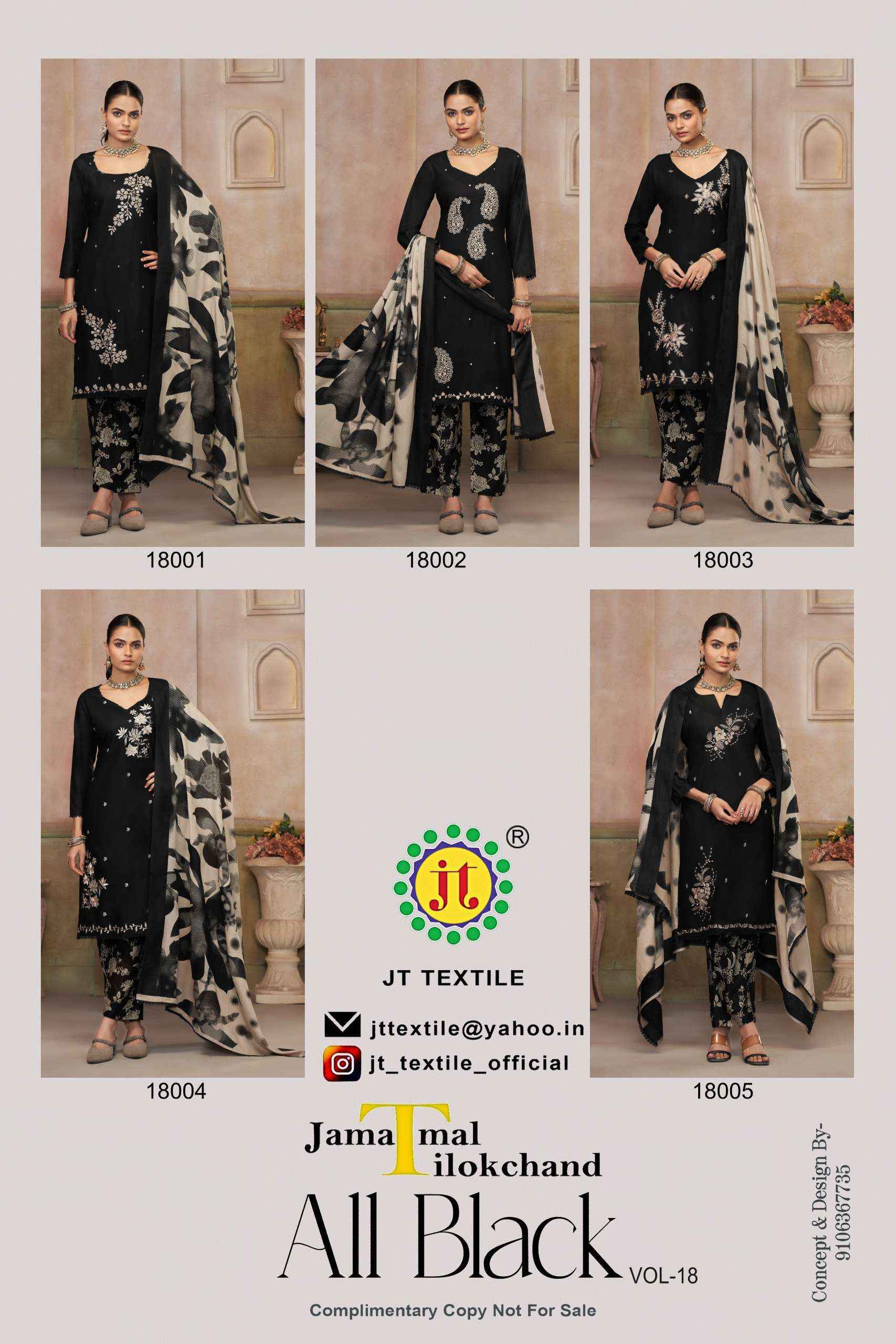 JT ALL BLACK 18 RAYON EMBROIDERY WORK SUIT WHOLESALE SURAT ( 5 PCS CATALOGUE )