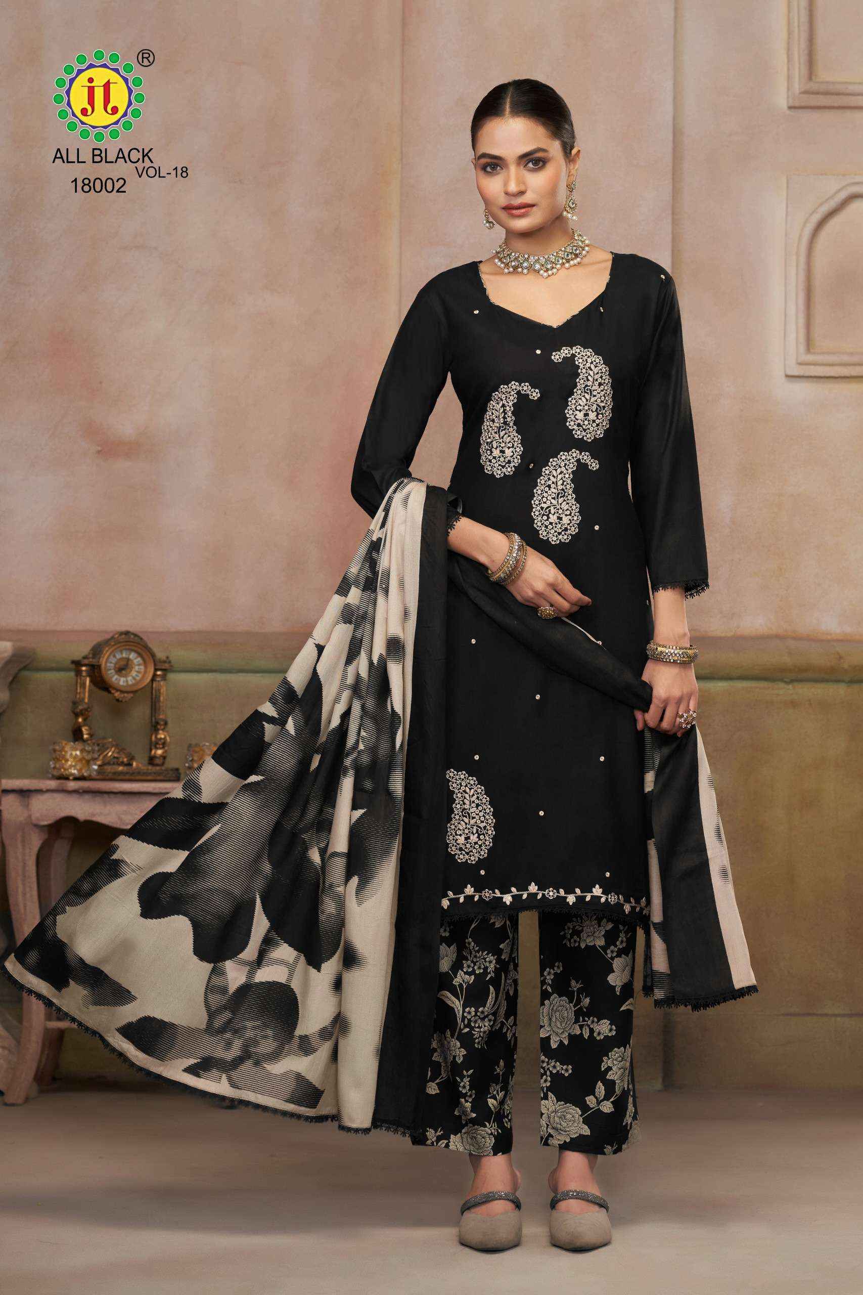 JT ALL BLACK 18 RAYON EMBROIDERY WORK SUIT WHOLESALE SURAT ( 5 PCS CATALOGUE )